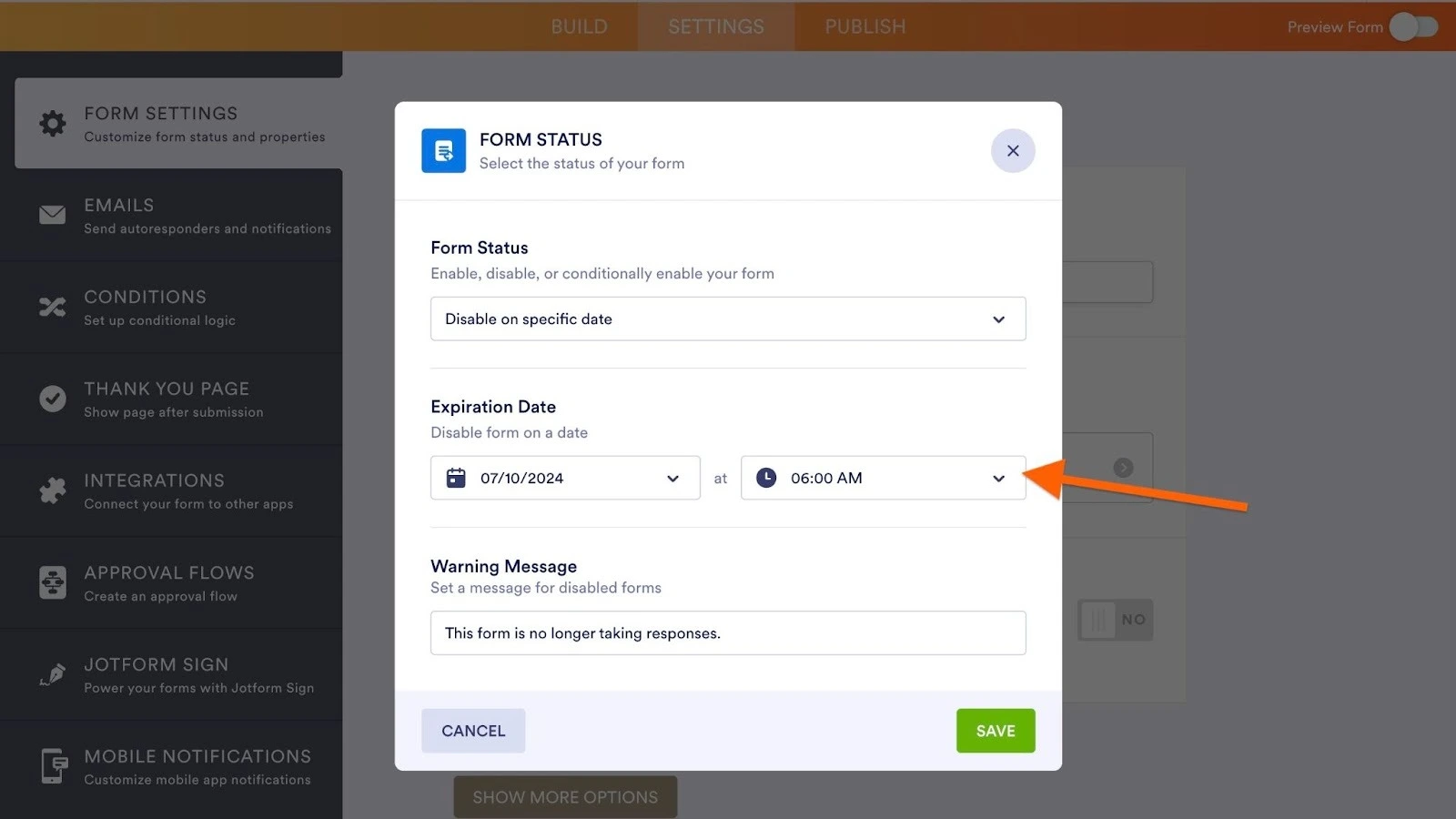 Setting an expiration time in the Jotform Form Builder