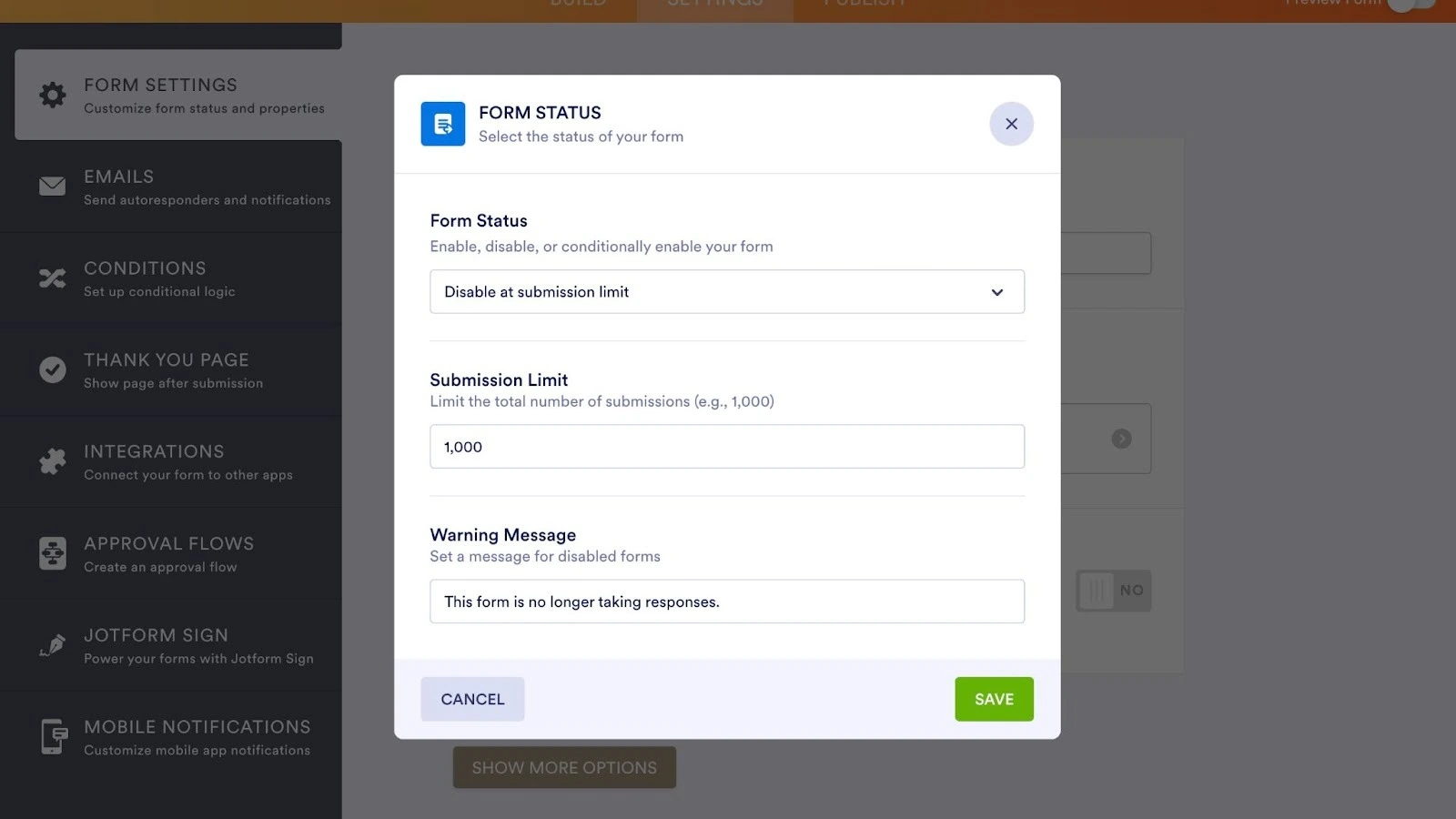 Entering the submission limit and clicking on Save from the Form Status Window in Jotform Form Builder