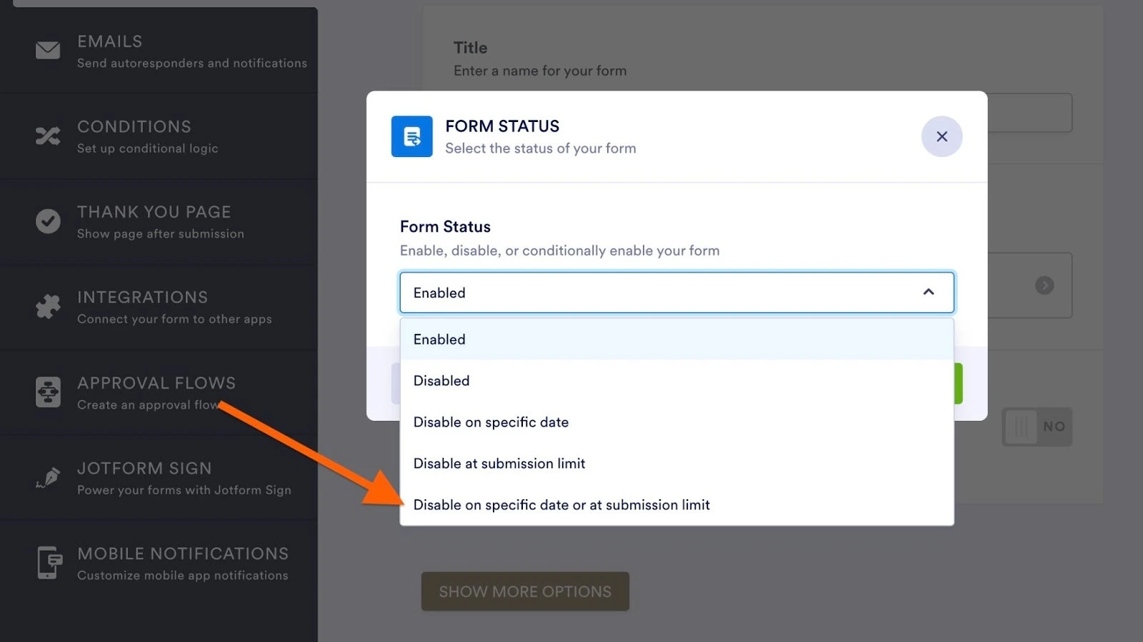 Selecting Disable on date and submission limit in Form Settings in Jotform Form Builder