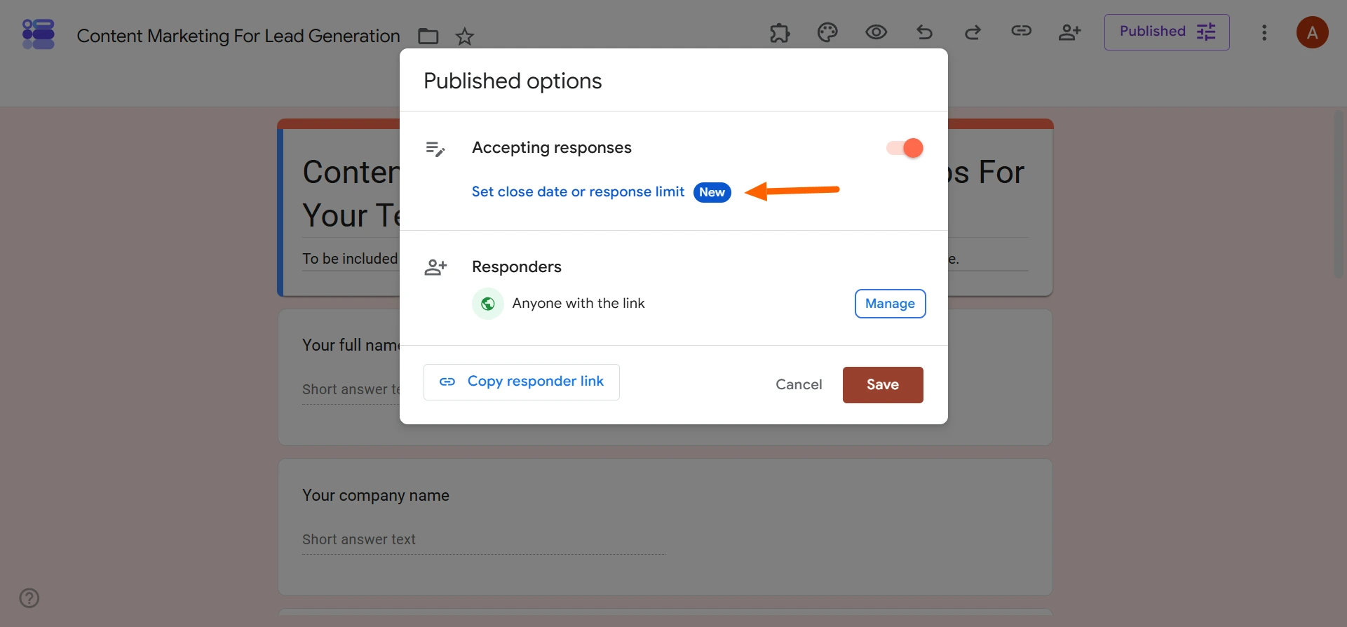 Published options dialog highlighting Set close date or response limit