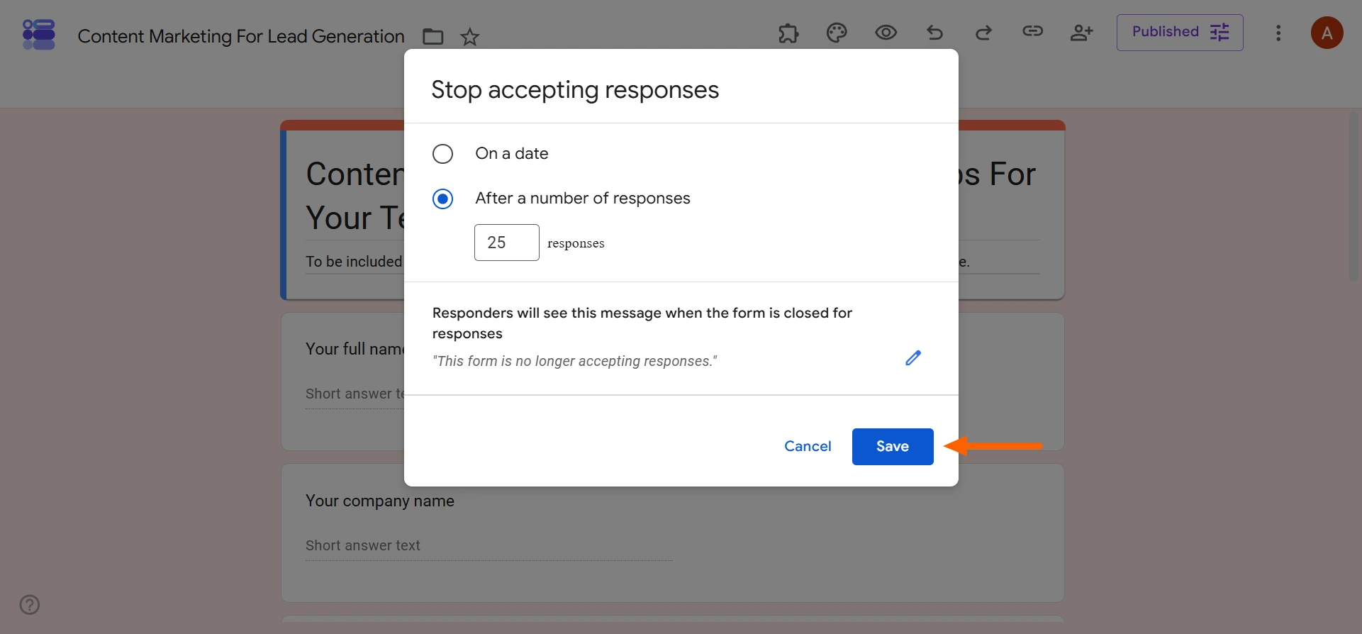 Response limit settings showing 25 responses and highlighted Save button