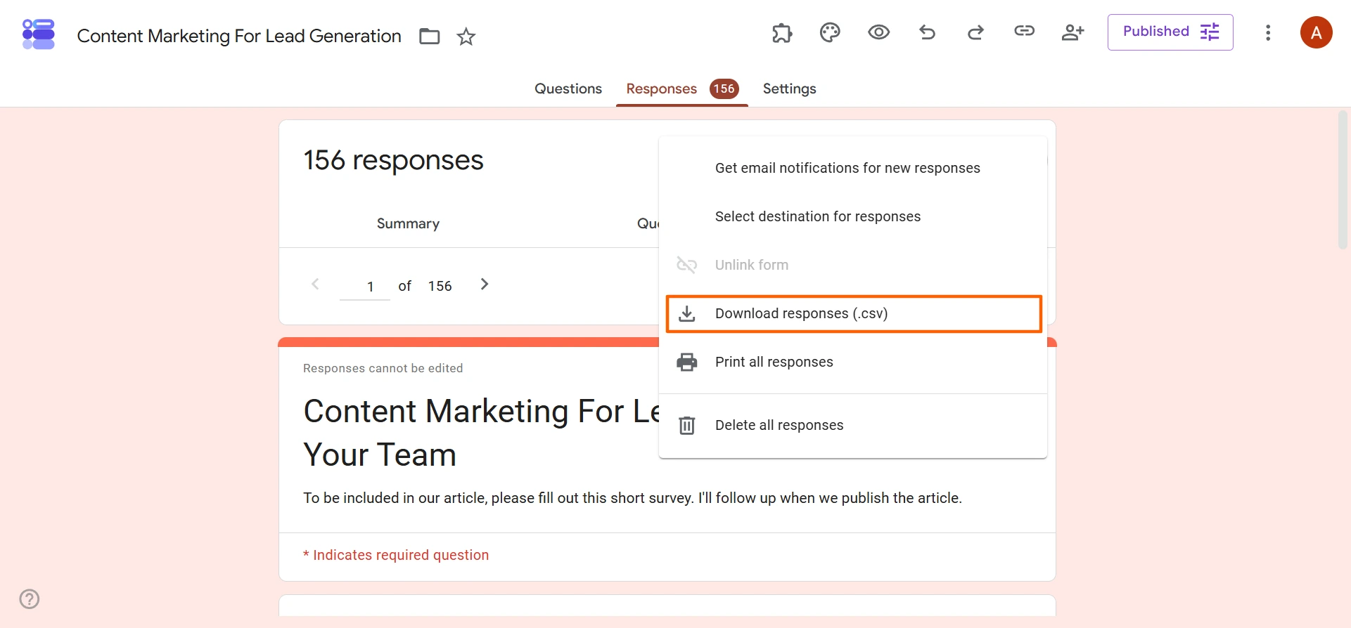 Google Forms interface showing the "More options" dropdown menu with the "Download responses (