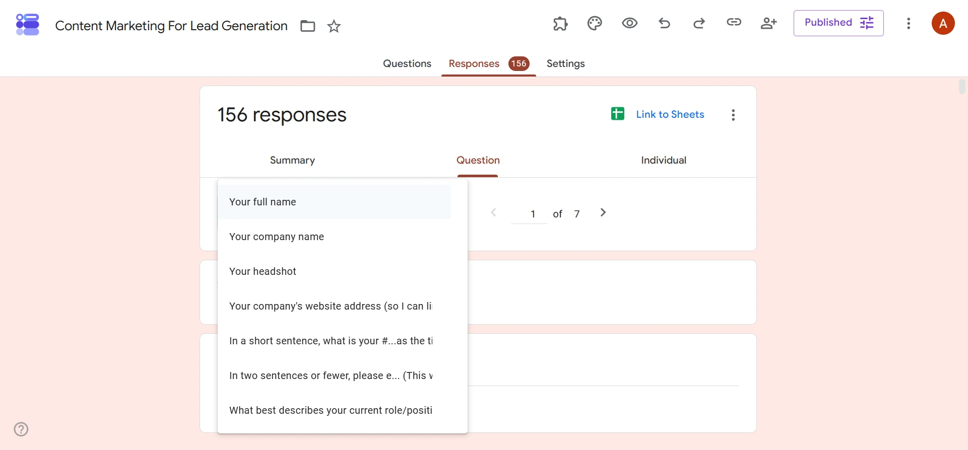Google Forms interface showing the Question view of the Responses tab, with the dropdown menu of the questions