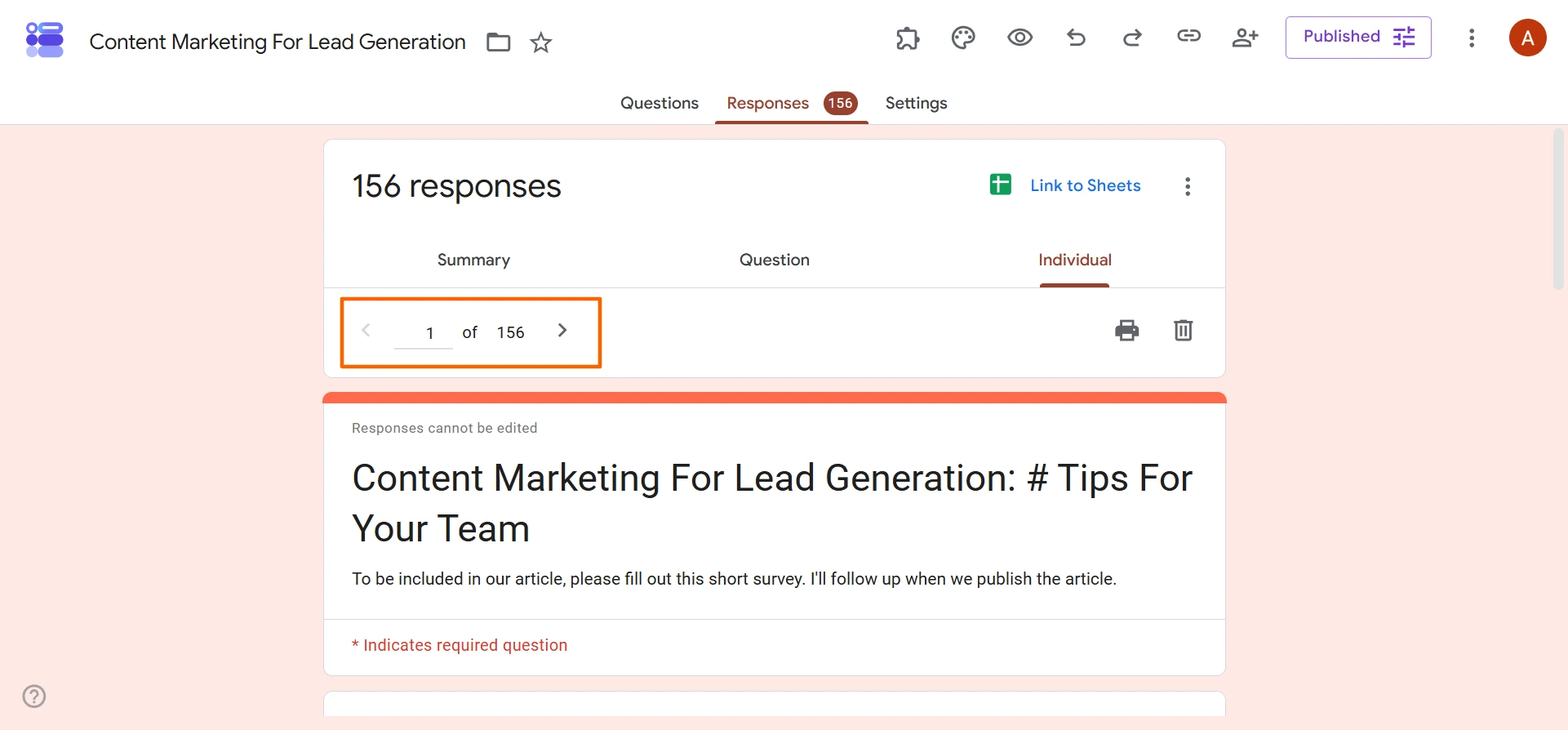 Google Forms interface showing the Individual view of the Responses tab, with the option to cycle through individual responses using arrows at the top of the tab