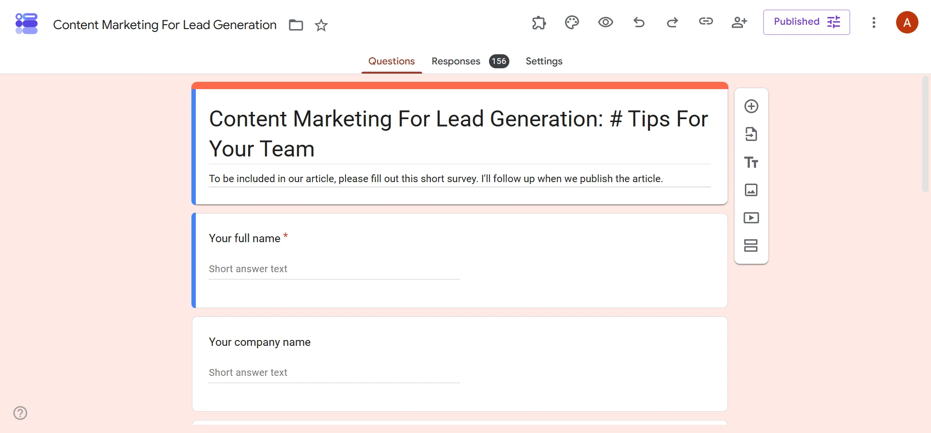 Google Forms interface showing an example form