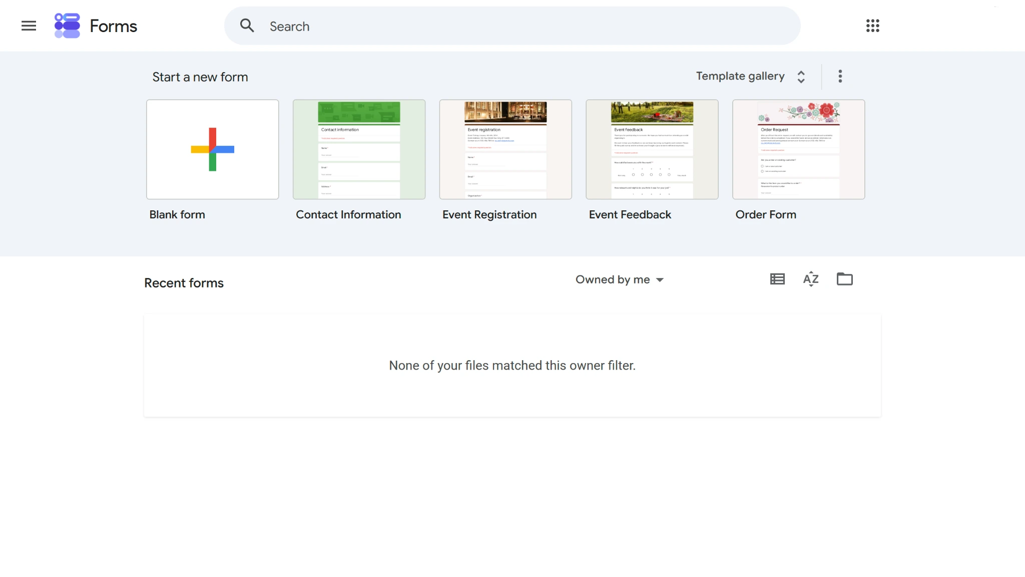 Screenshot of the Google Forms homepage showing options to start a new form or edit a recent form