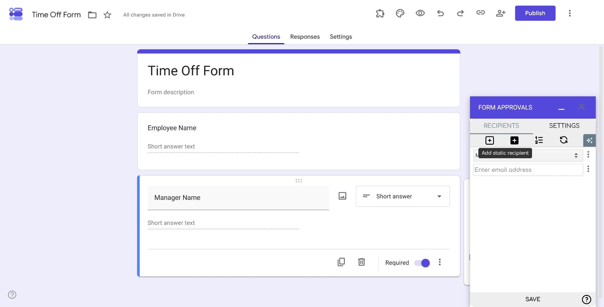 Screenshot of the Form Approvals add-on with the “Add Static Recipient” option highlighted