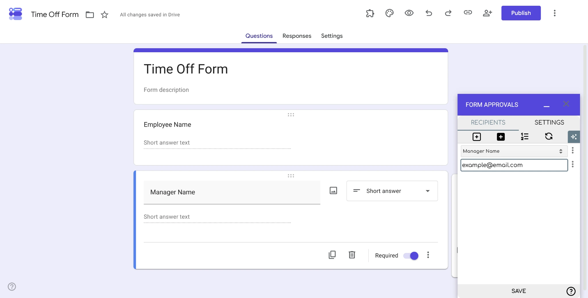 Screenshot of the Form Approvals add-on with an example email typed into the “Static Recipient” field