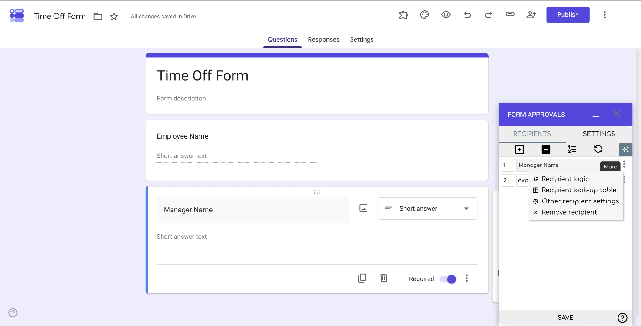 Screenshot of the Form Approvals add-on with the “More” options menu opened next to a recipient