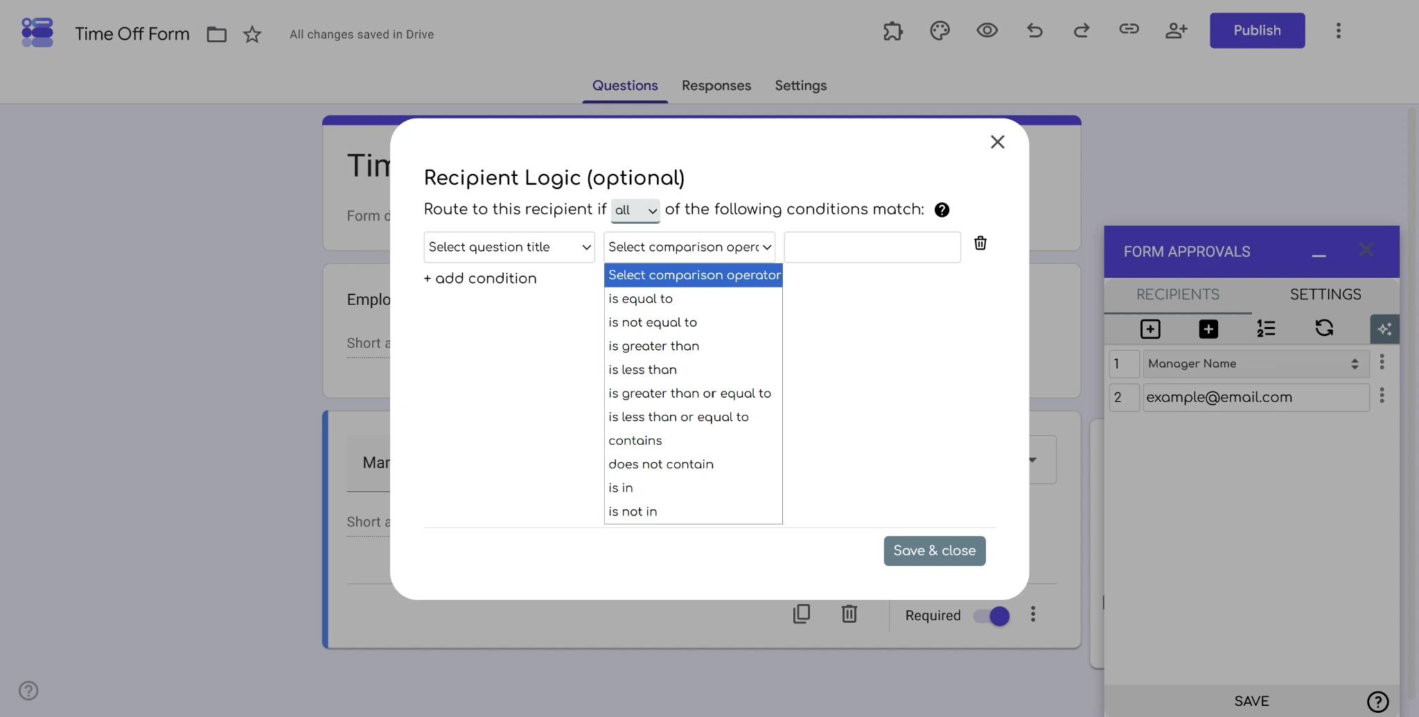 Screenshot of the “Recipient Logic” popup for the Form Approvals add-on