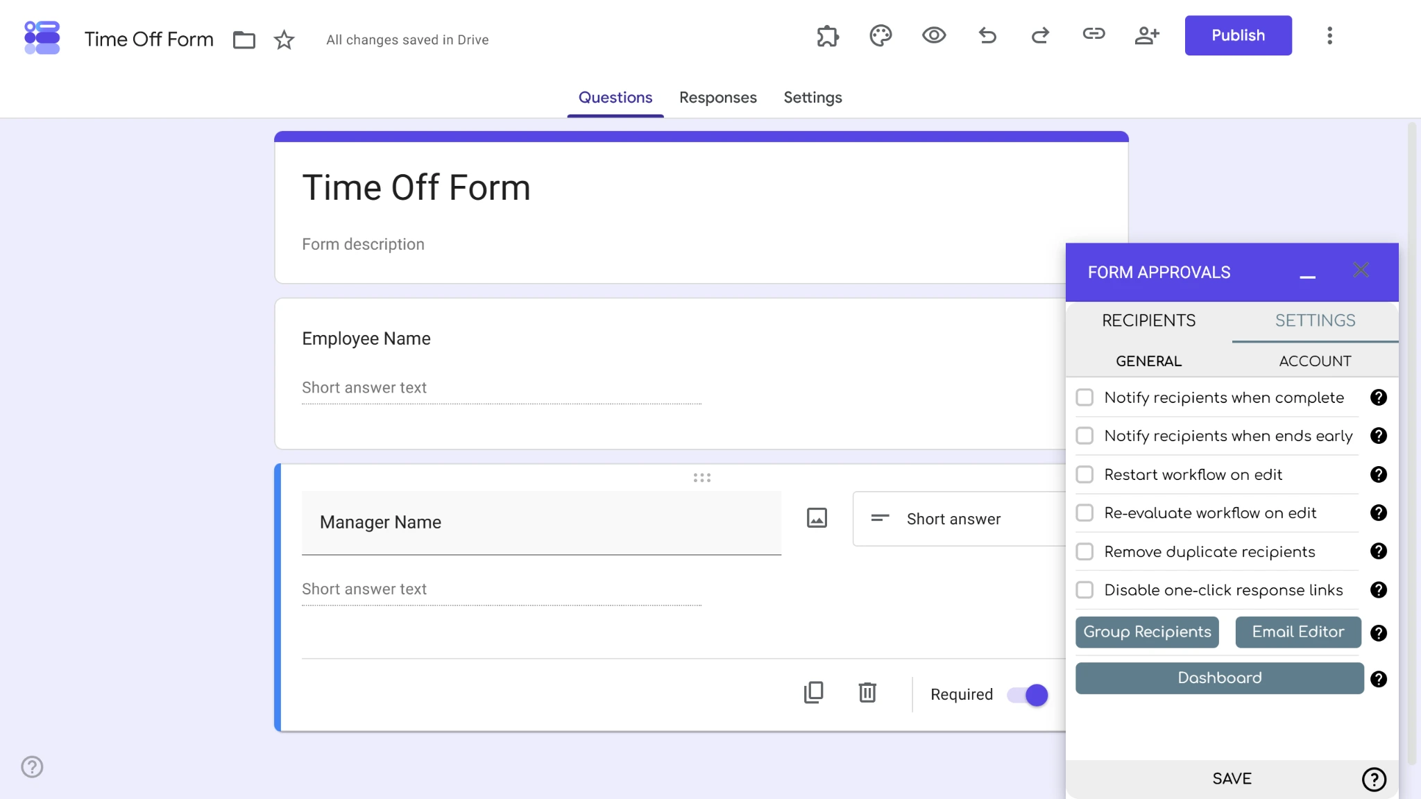 Screenshot of a Google Form with the Form Approvals add-on's “Settings” menu open