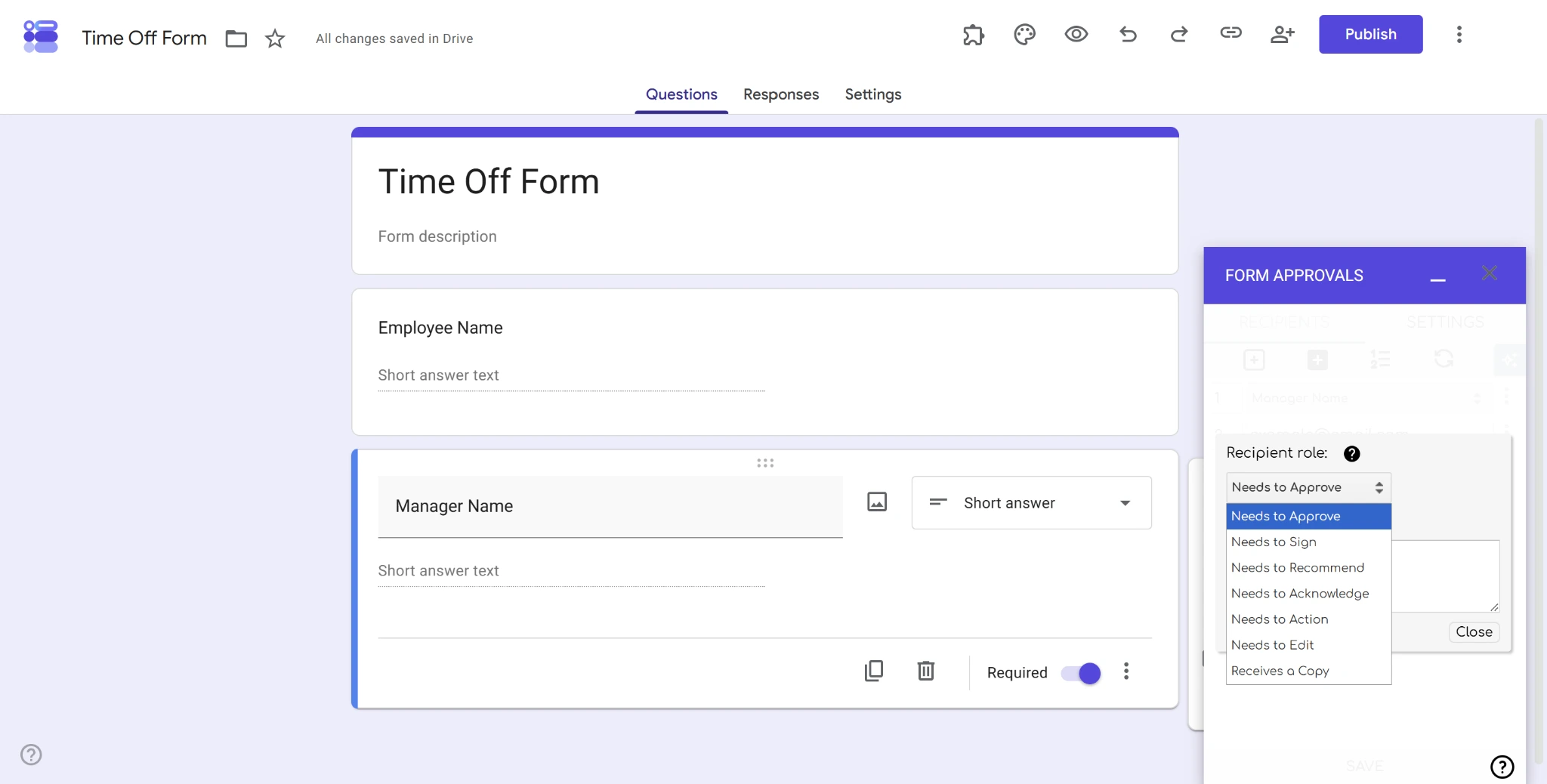 Screenshot of the Form Approvals add-on with the “Recipient role” menu open