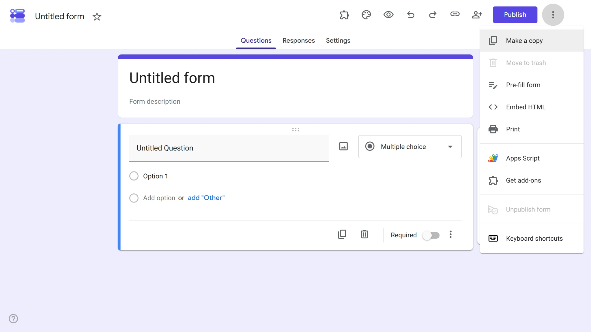 Screenshot of a Google Form with the “more options” menu open