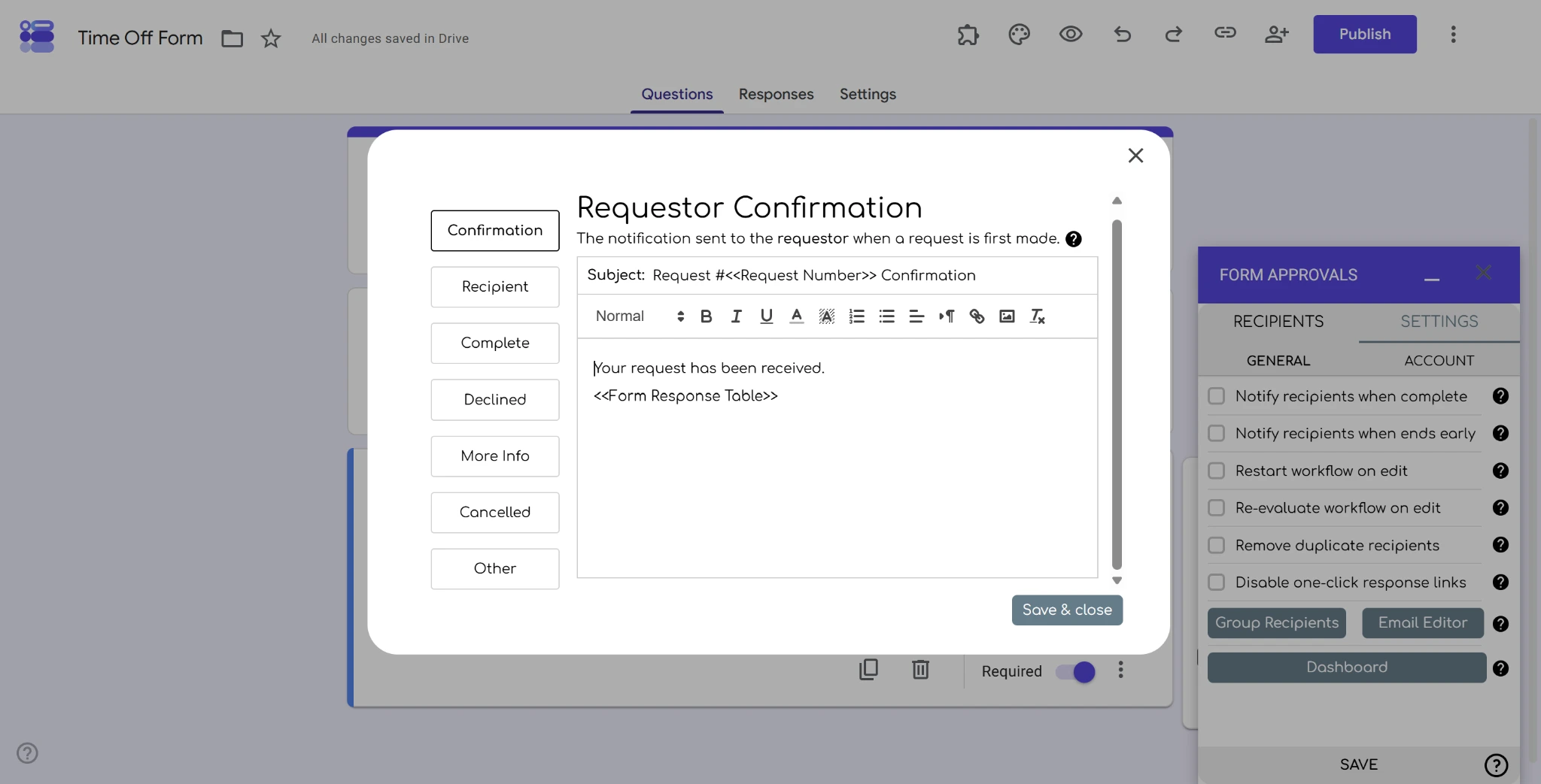 Screenshot of the Form Approvals Email Editor
