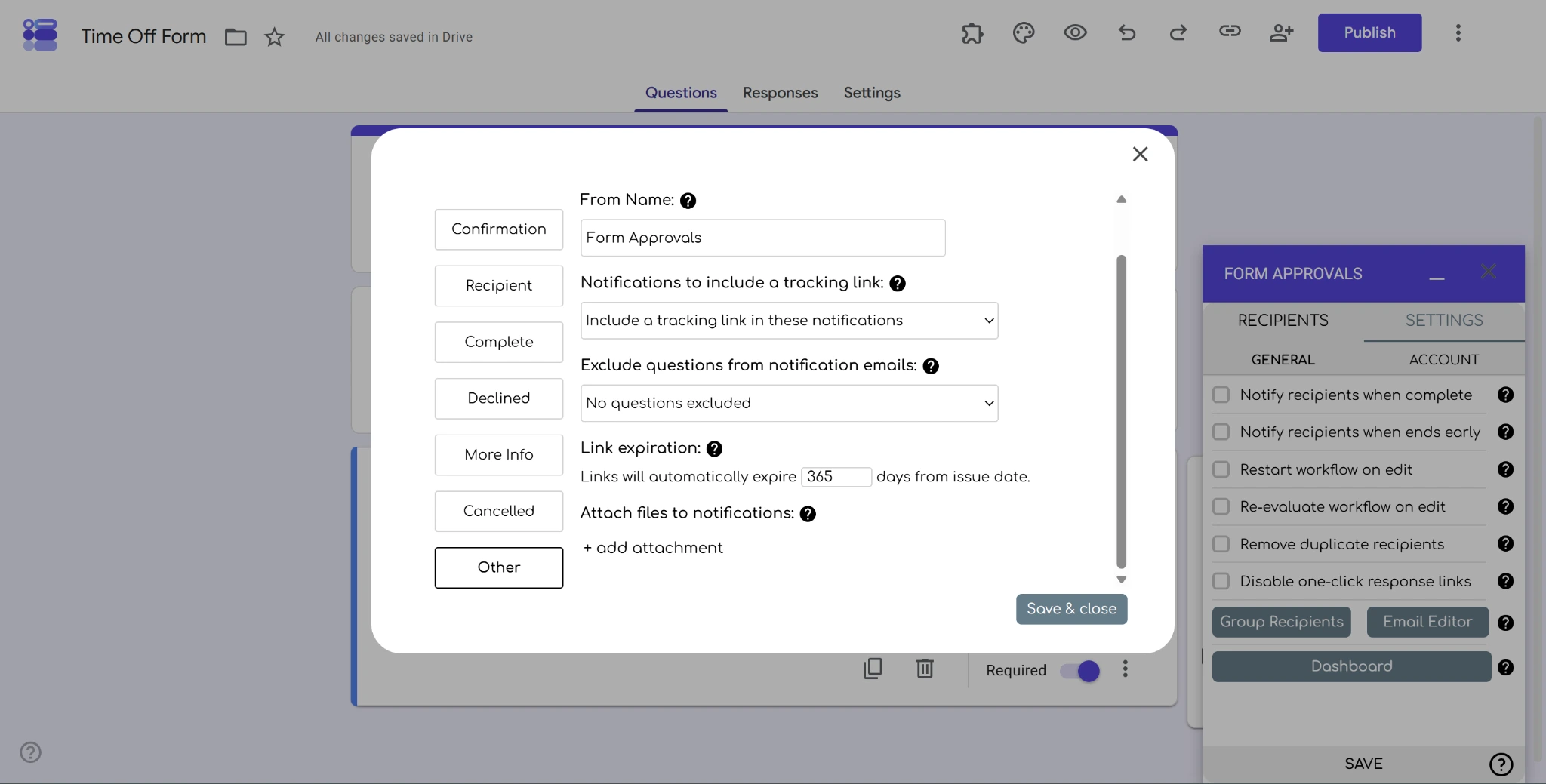 Screenshot of the Form Approvals Email Editor “Other” tab