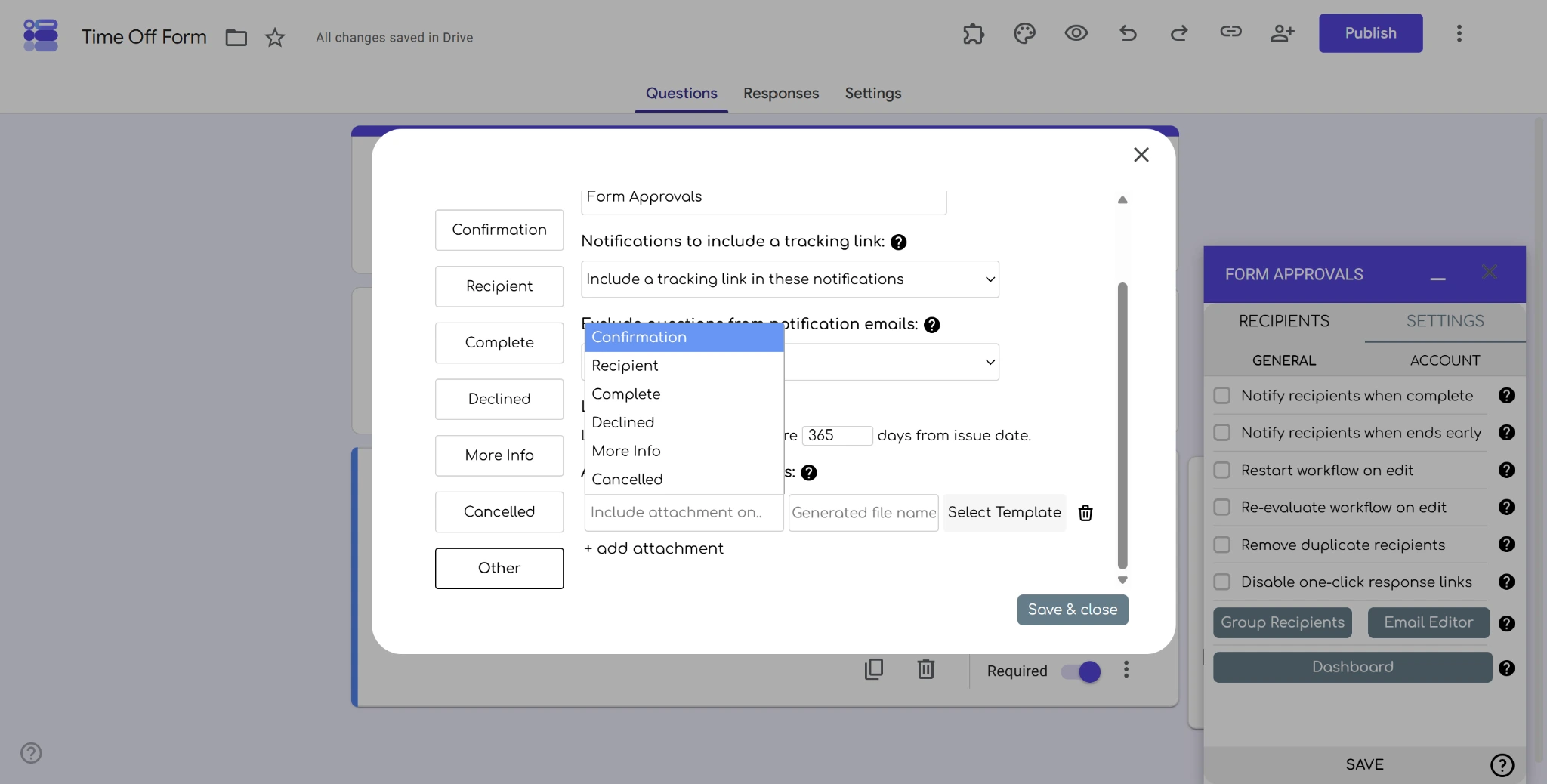 Screenshot of the Form Approvals Email Editor “Other” tab with the “Confirmation” option highlighted under attachment options