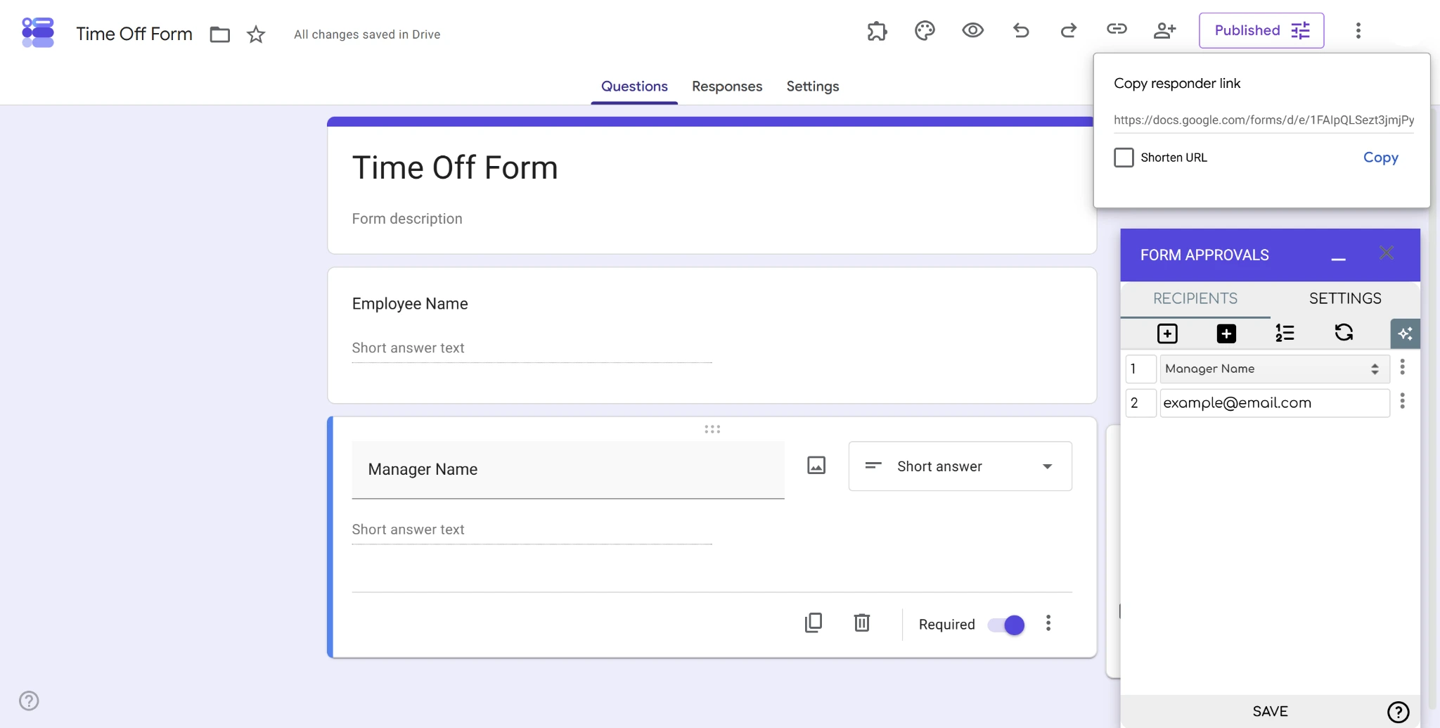 Screenshot of a Google Form with the “Copy Responder Link” window and Form Approvals add-on open