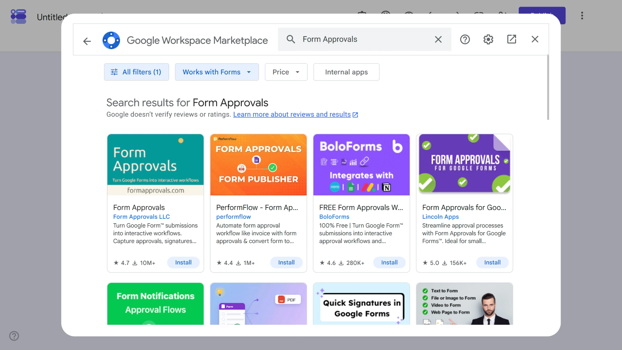 Screenshot of the Google Workspace Marketplace with add-on options for "Form Approvals" displayed
