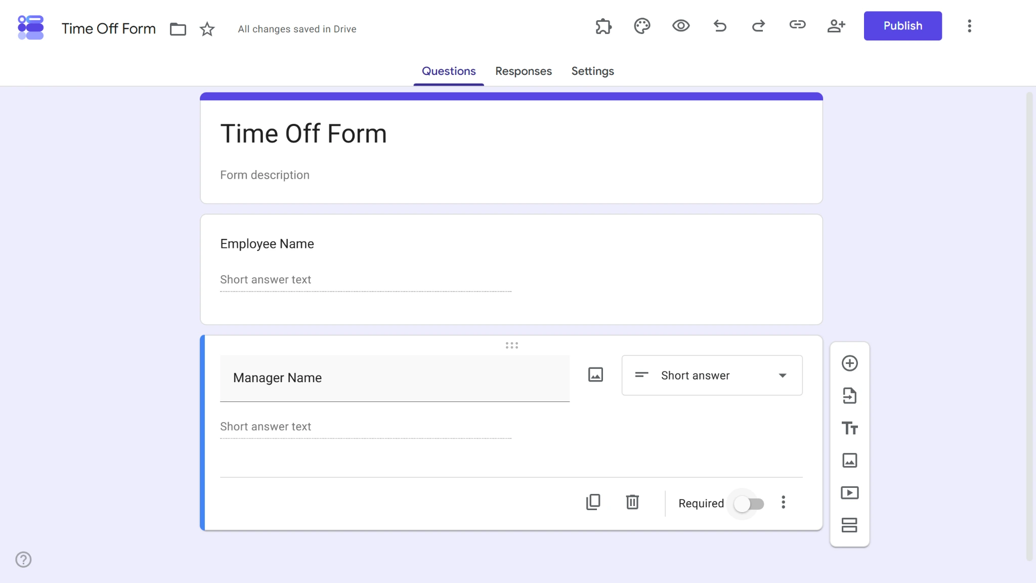 Screenshot of a Google Form with two questions: “Employee Name” and “Manager Name