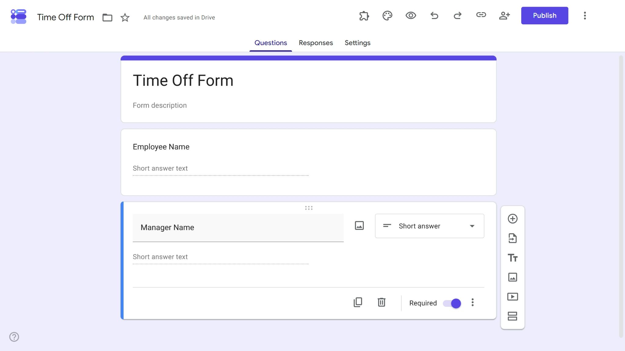 Screenshot of a Google Form with a question's “Required” setting toggled on