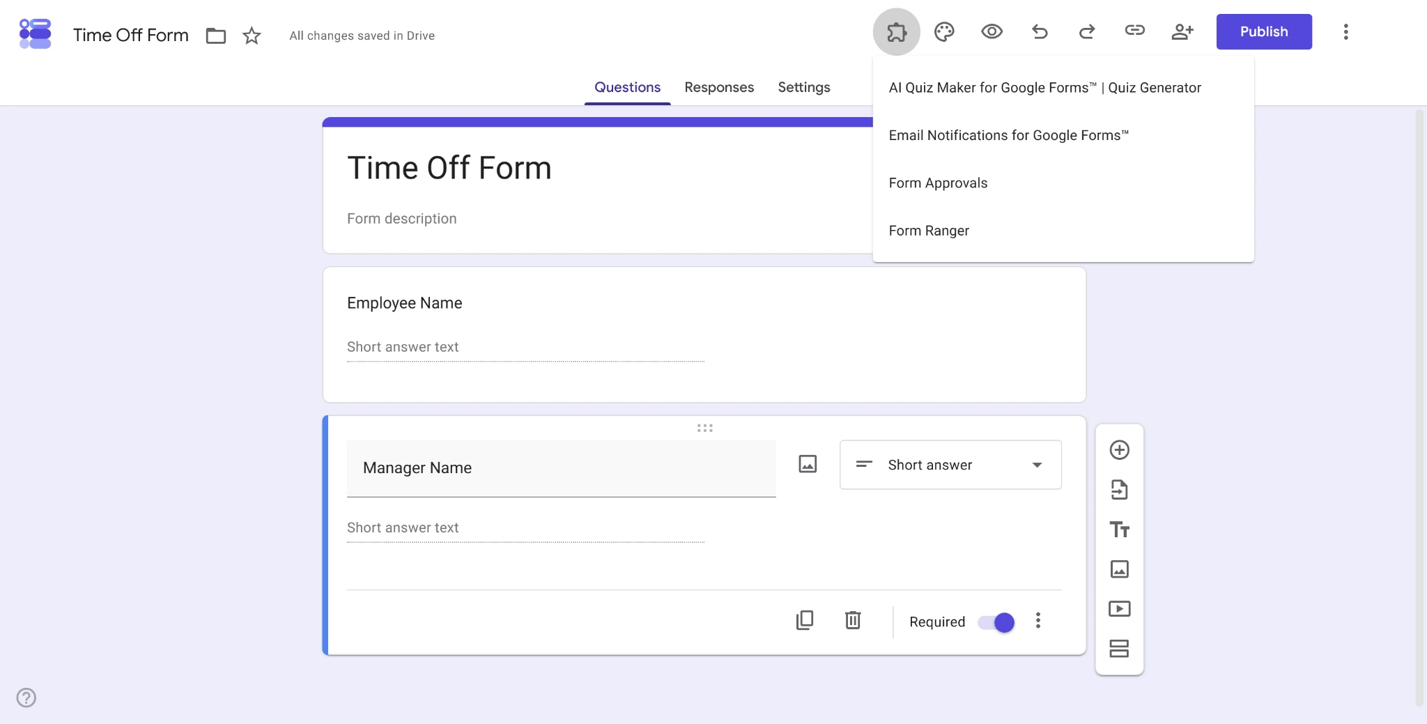 Screenshot of a Google Form with the add-ons menu open