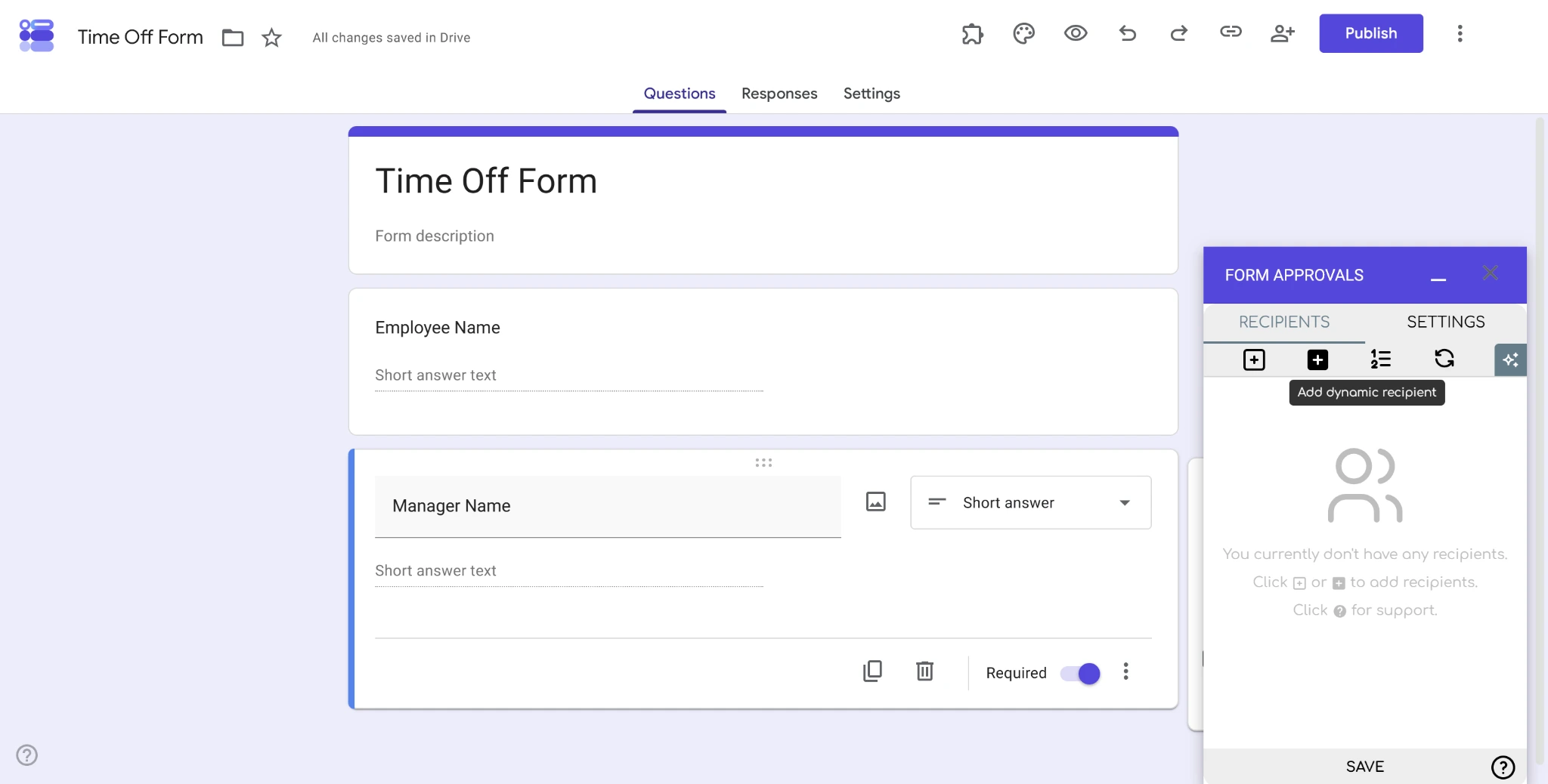 Screenshot of the Form Approvals add-on with the “Add Dynamic Recipient” option highlighted