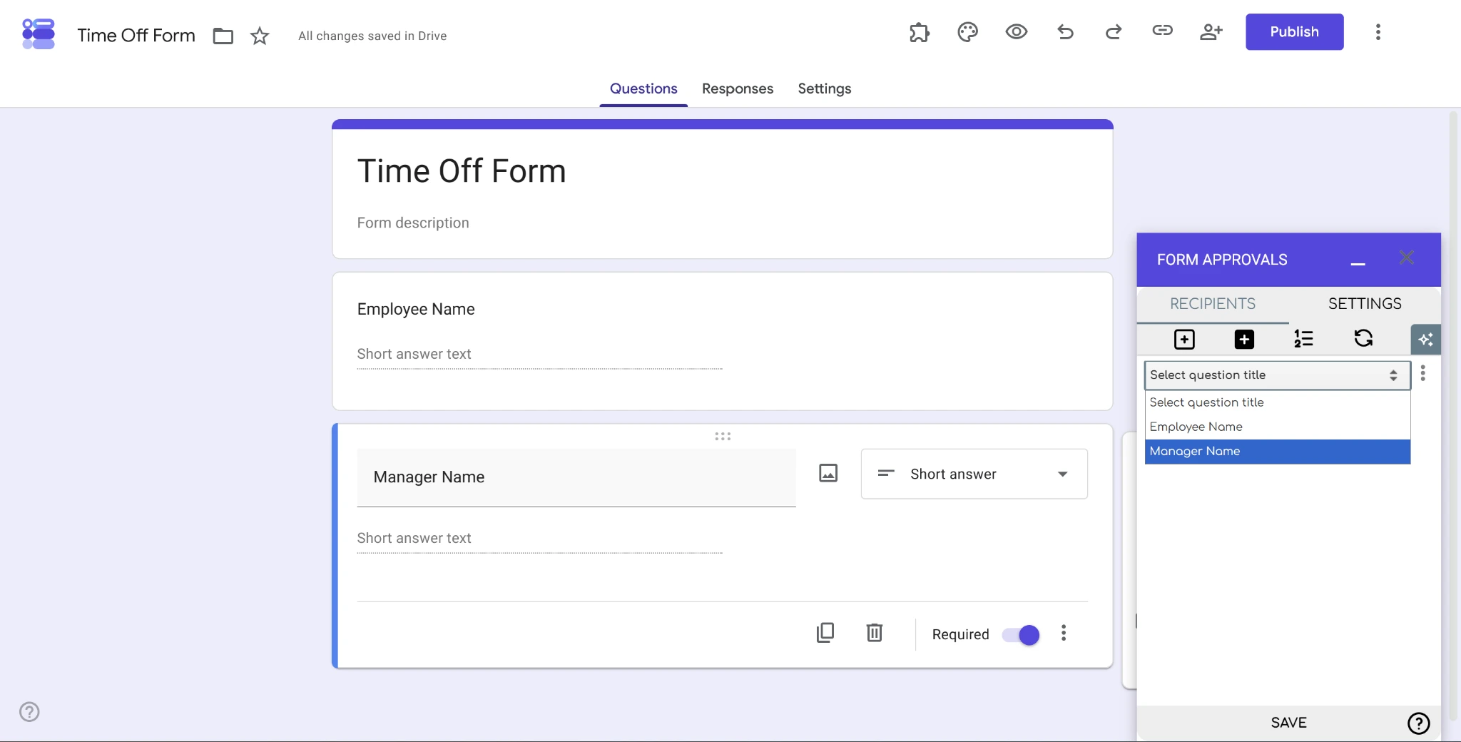 Screenshot of the Form Approvals add-on with “Manager Name” highlighted under the “Select Question Title” dropdown