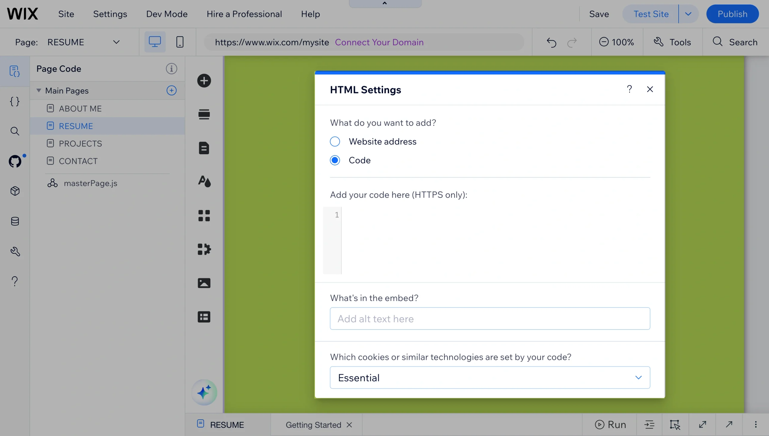 Wix HTML Settings panel for embedding custom code for the comparison slider