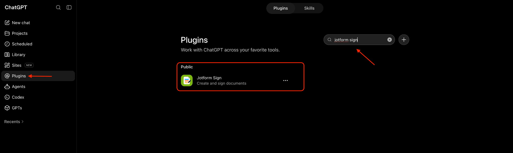 Searching for Jotform Sign on the ChatGPT Plugins page