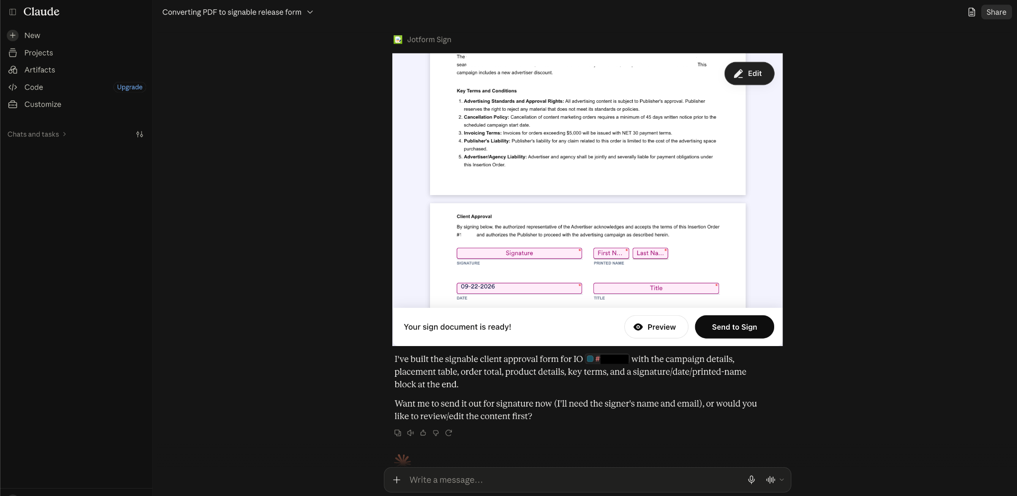 Viewing the sample prompt on Jotform Sign App on Claude