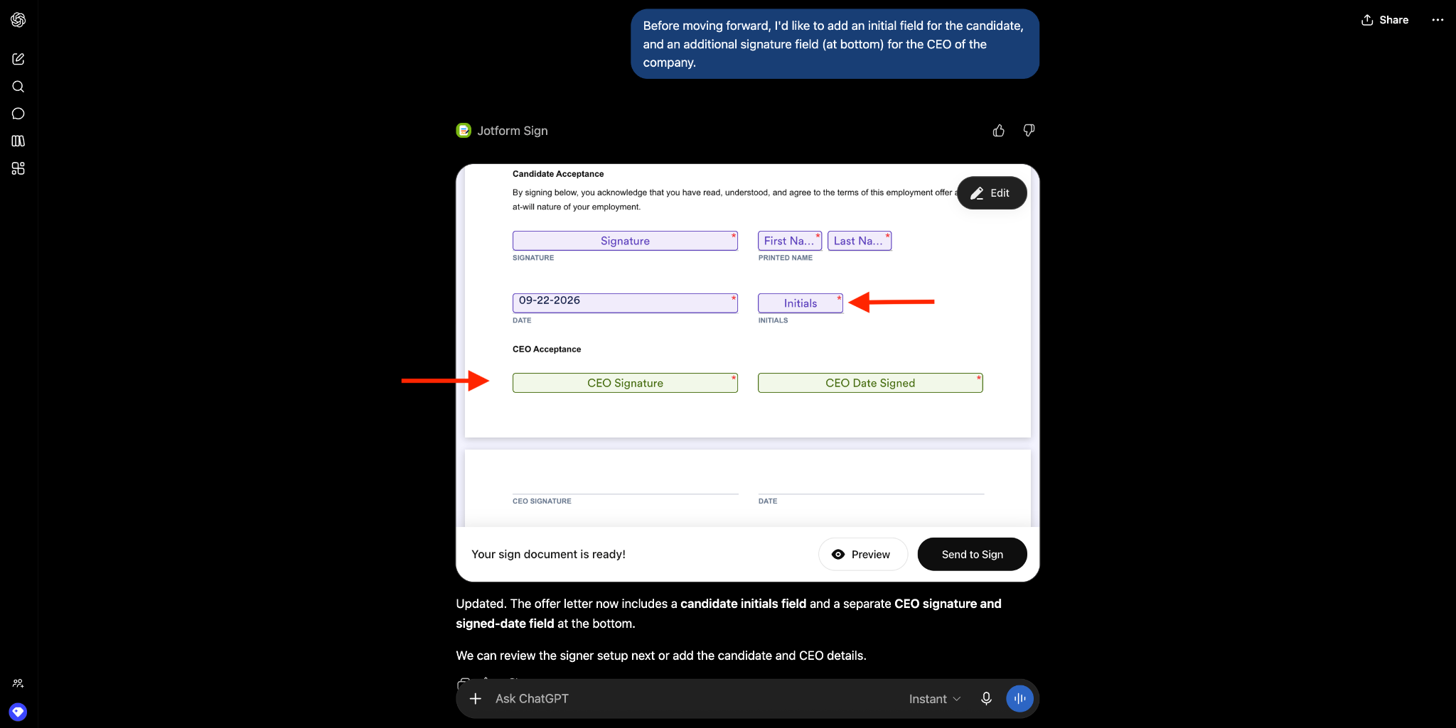Viewing the requested edits in an prompts in the ChatGPT