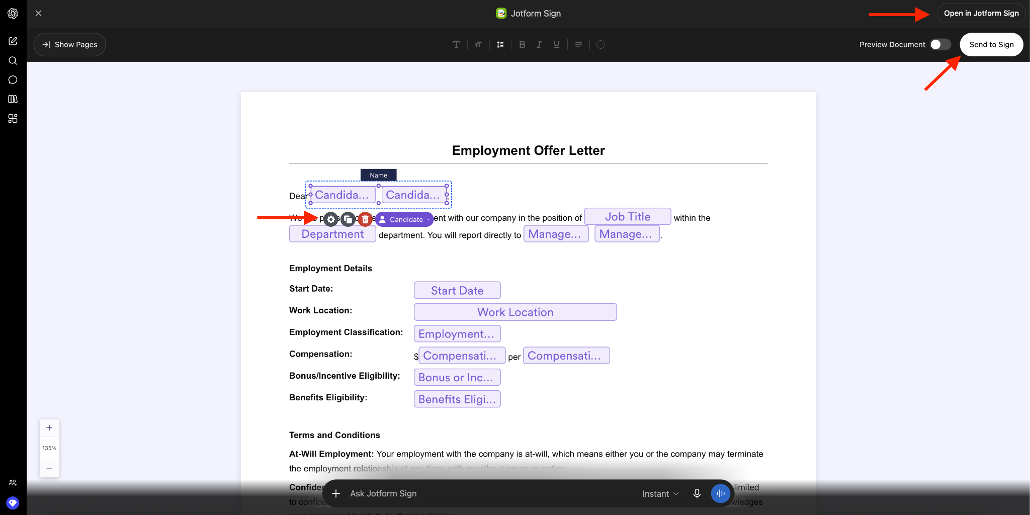 Clicking on the Edit button within the Sign document and previewing the two options, Open in Jotform Sign and Send to Sign