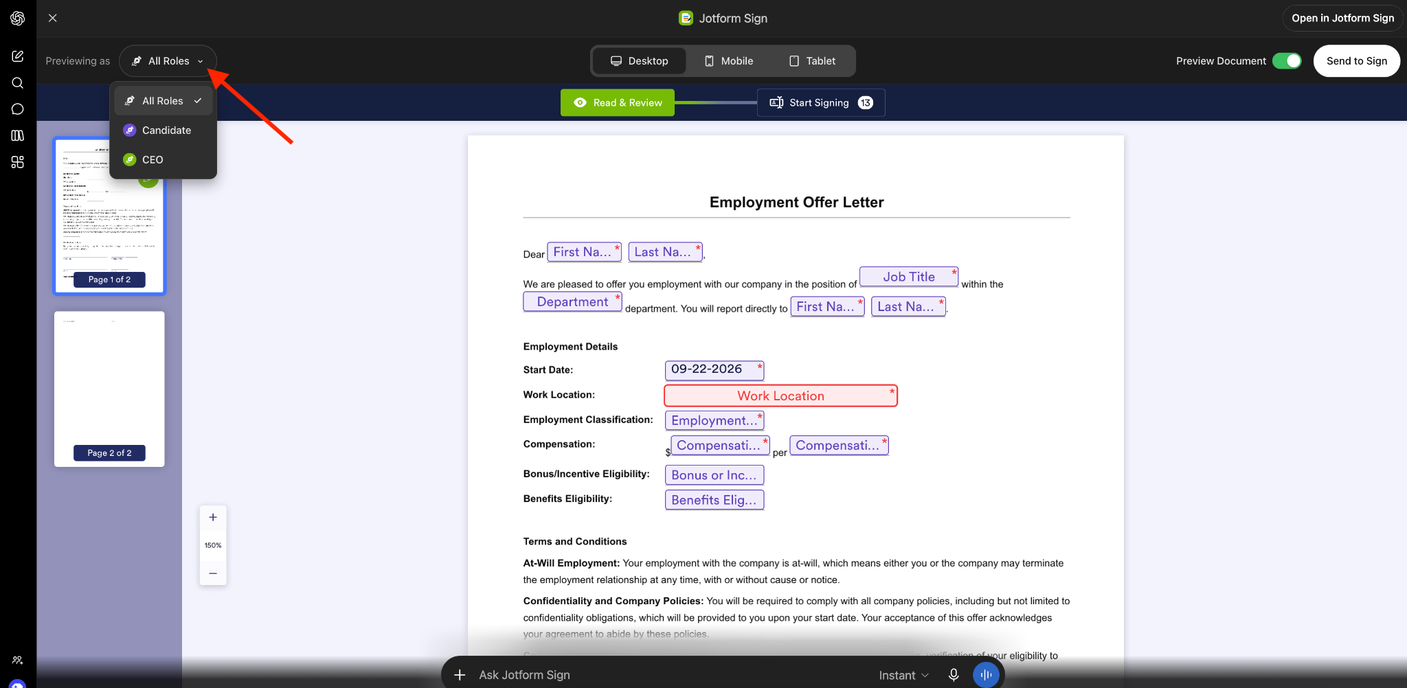 Viewing the signer roles in the Sign document on the dropdown on the top left