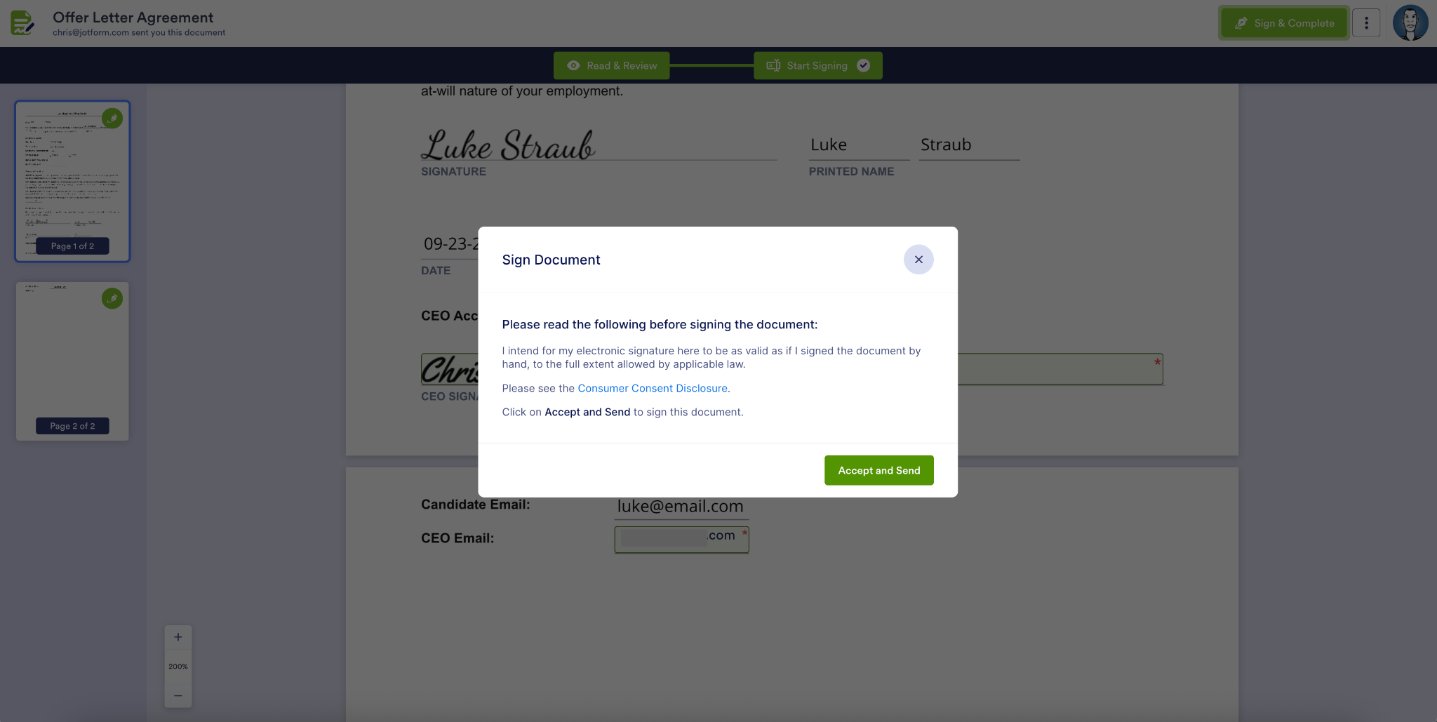 Viewing the pop-up window in Jotform Sign and clicking on Accept on Send