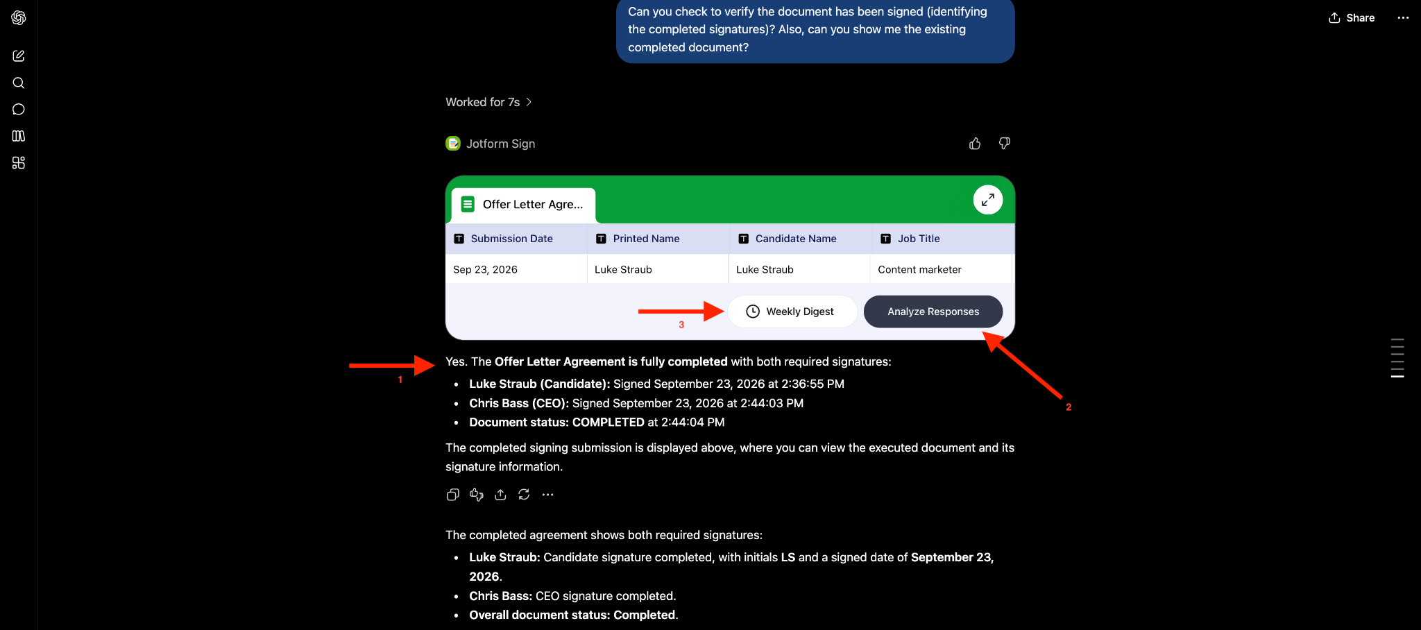 Viewing the Weekly Digest and Analyze Responses buttons, along with the prompt in Jotform Sign ChatGPT App