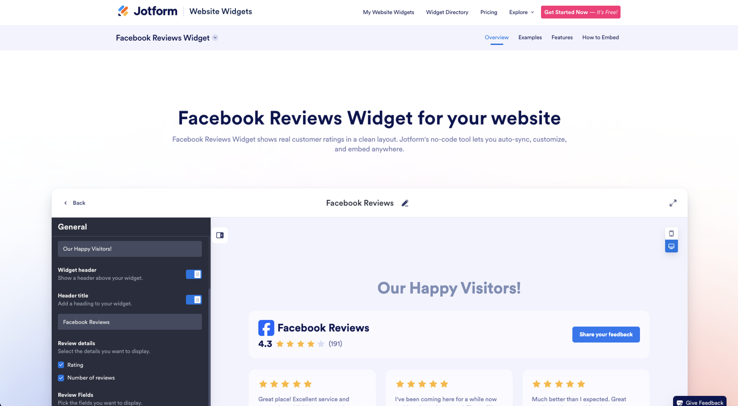 Jotform Website Widgets Facebook Reviews Widget Landing Page