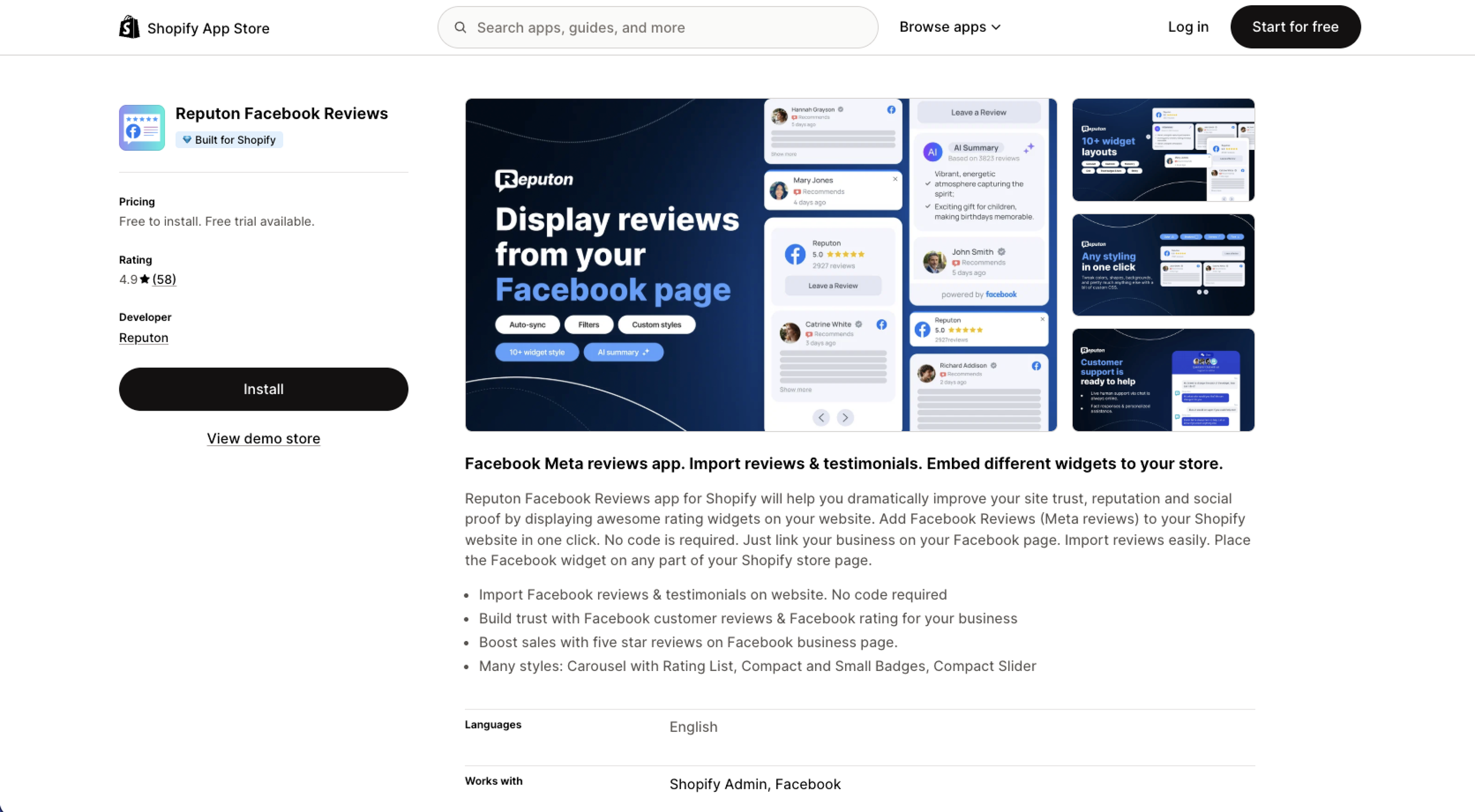 Reputon Facebook Reviews Widget Builder Banner Shopify App Store Listing