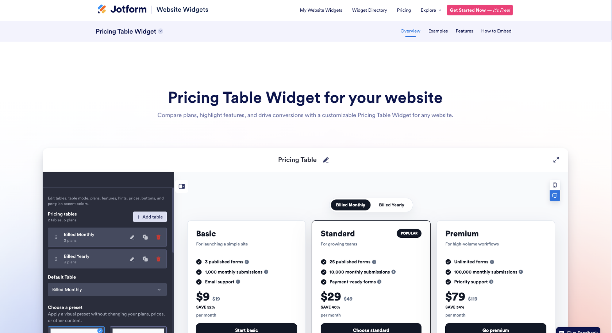 Jotform Pricing Table Website Widget Landing Page
