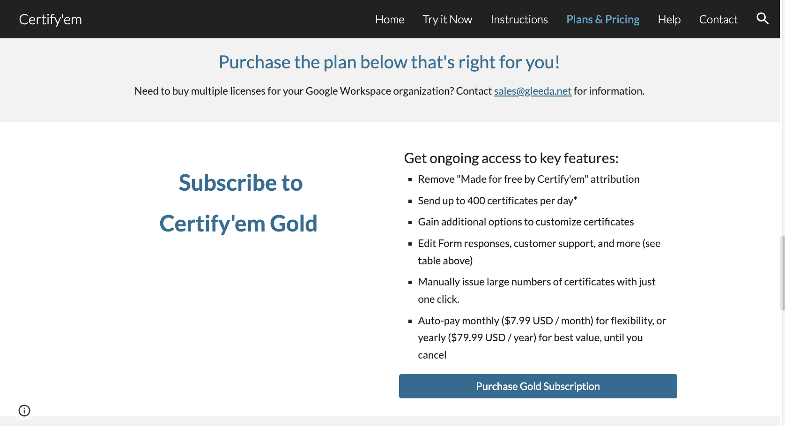 Certify'em Gold Plan Details and Pricing