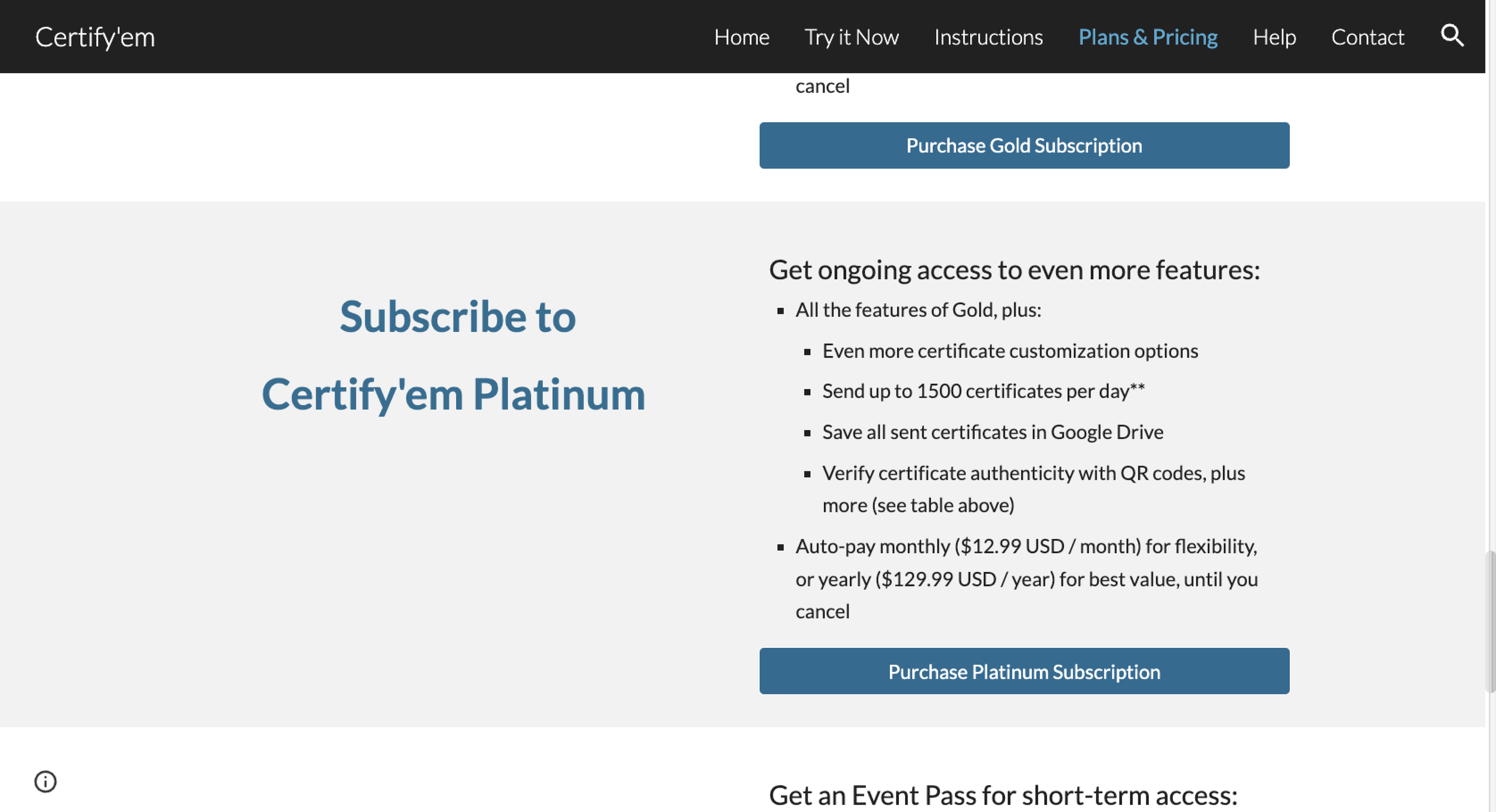 Certify'em Platinum Plan Details and Pricing