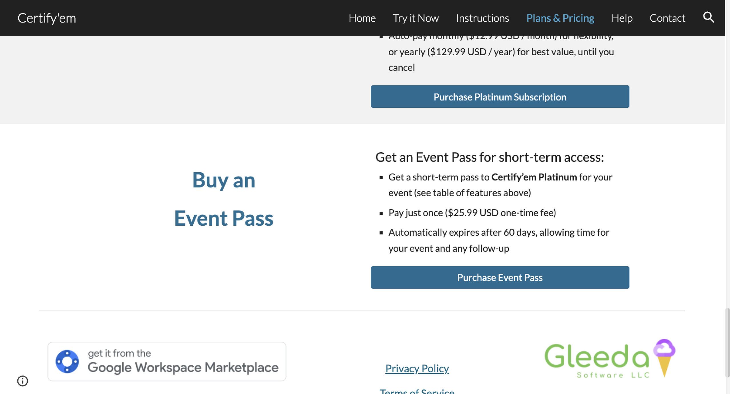 Certify'em Event Pass Details and Pricing