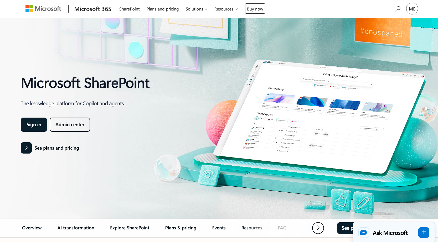 Microsoft SharePoint website with the words: "The knowledge platform for Copilot and agents"