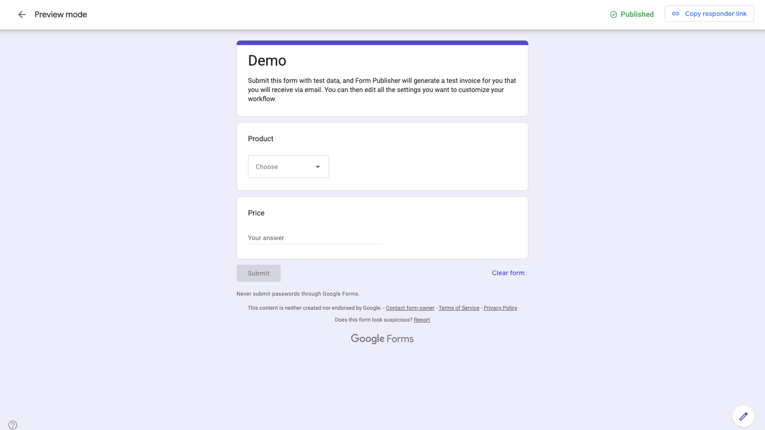 Google Forms Form Publisher Demo Form in Preview Mode