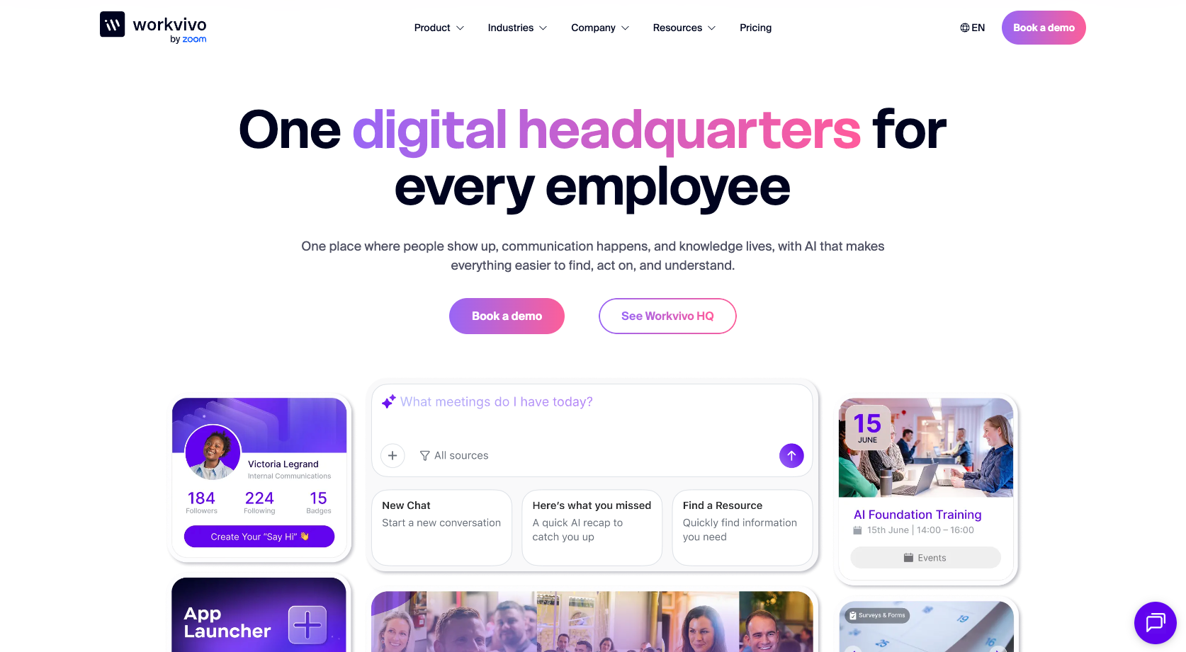 Workvivo website with the words: "One digital headquarters for every employee"