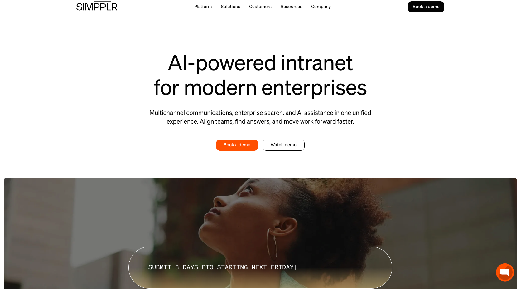 Simpplr website with the words: "AI-powered intranet for modern enterprises"