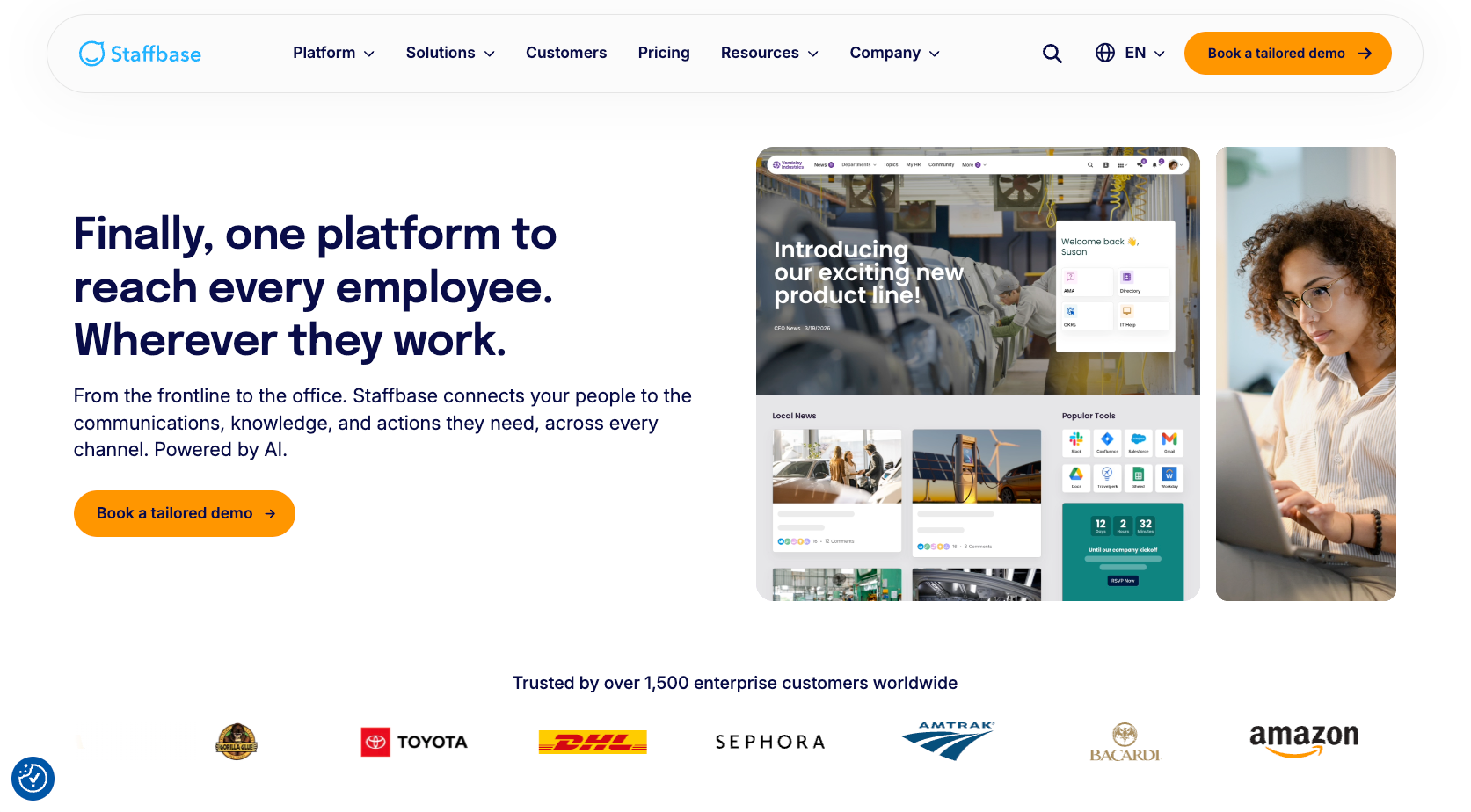 Staffbase website with the words: "Finally, one platform to reach every employee