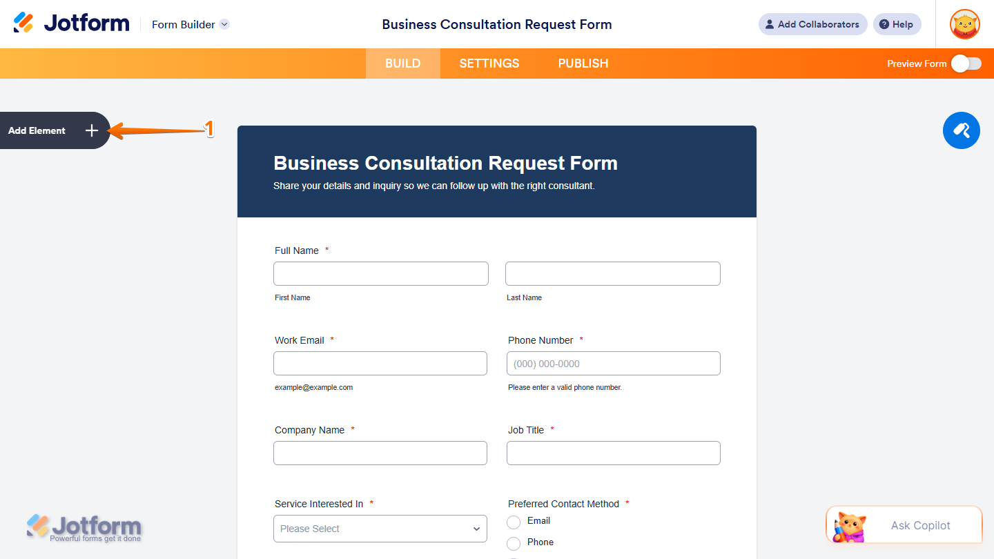 Add Element button in Jotform Form Builder