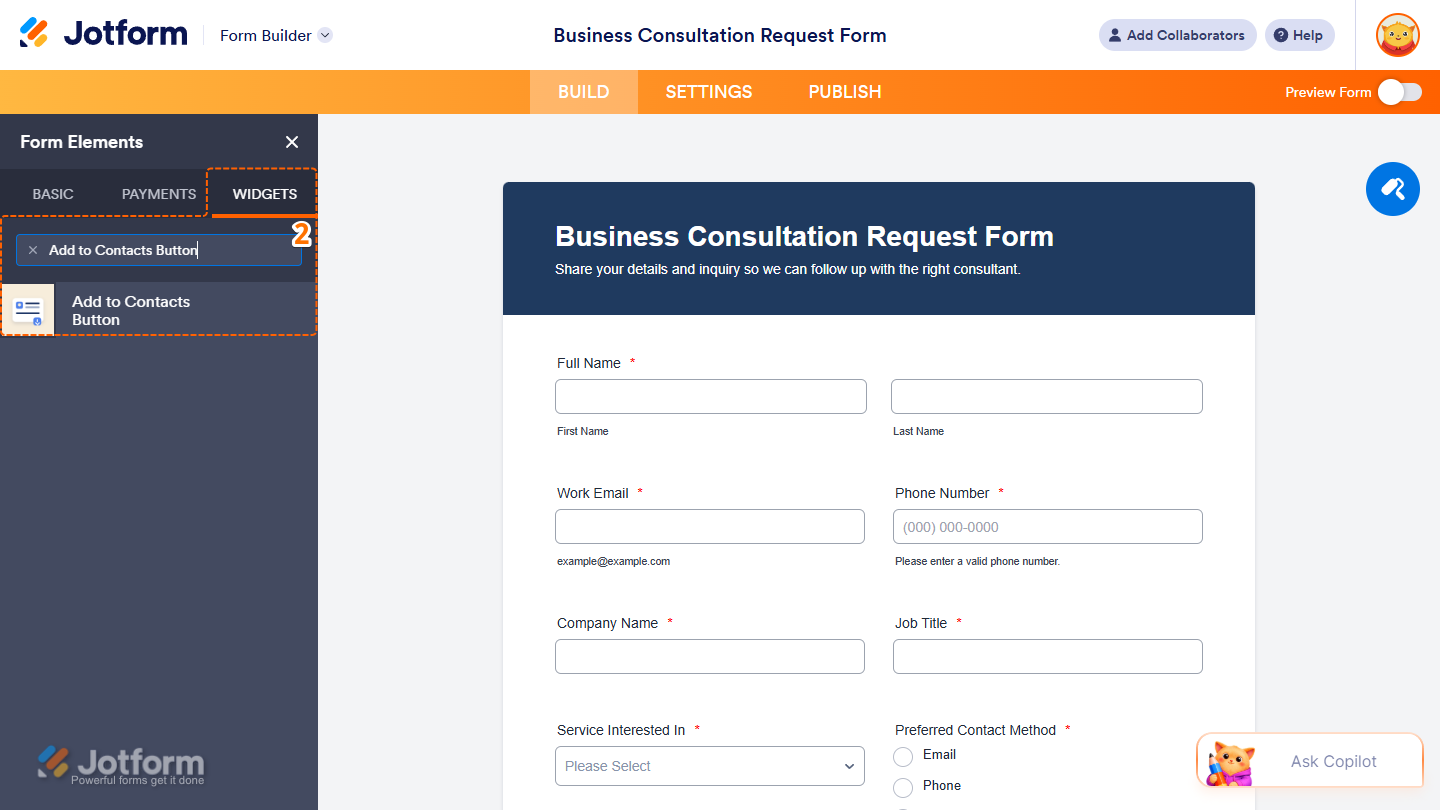 Add to Contacts Button element under the Widgets tab of the Form Elements menu in Jotform Form Builder