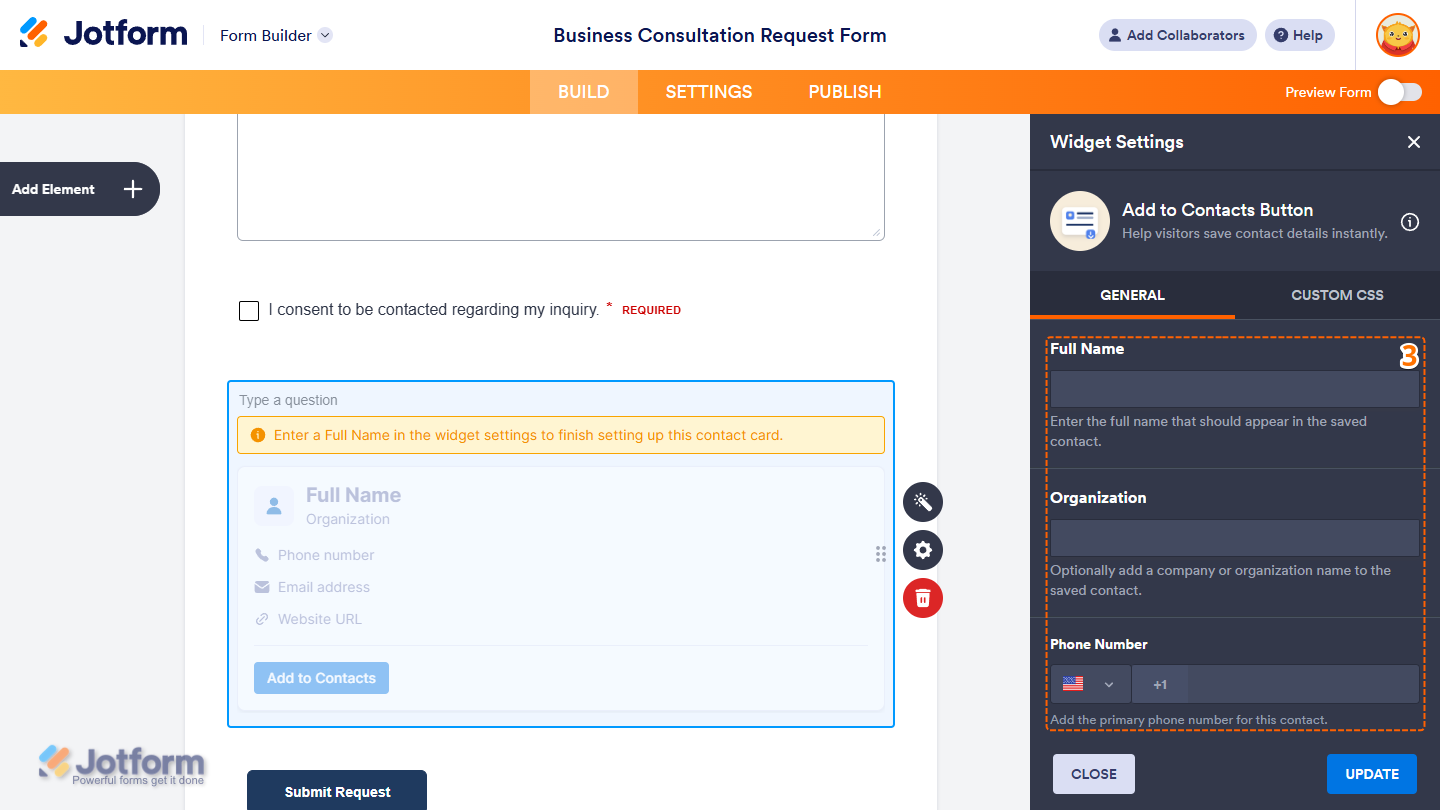 Different settings under the General tab of the Add to Contacts Button Widget Settings in Jotform Form Builder