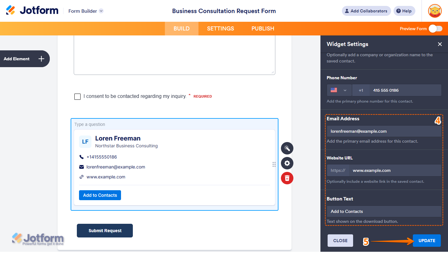 More settings under the General tab of the Add to Contacts Button Widget Settings in Jotform Form Builder